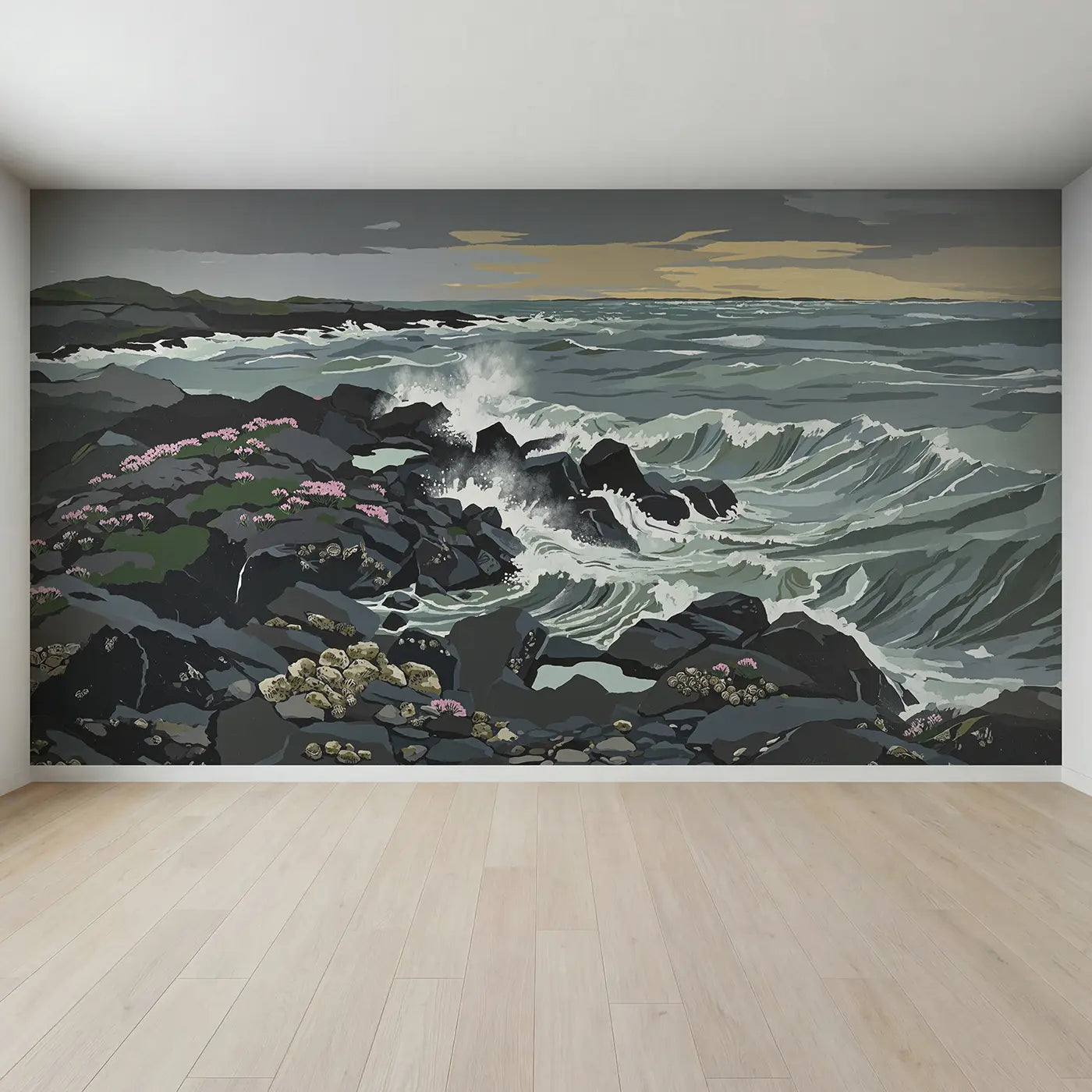 Full view of Stormy Rocky Coast Waves Wallpaper Mural by Whimsy Tots