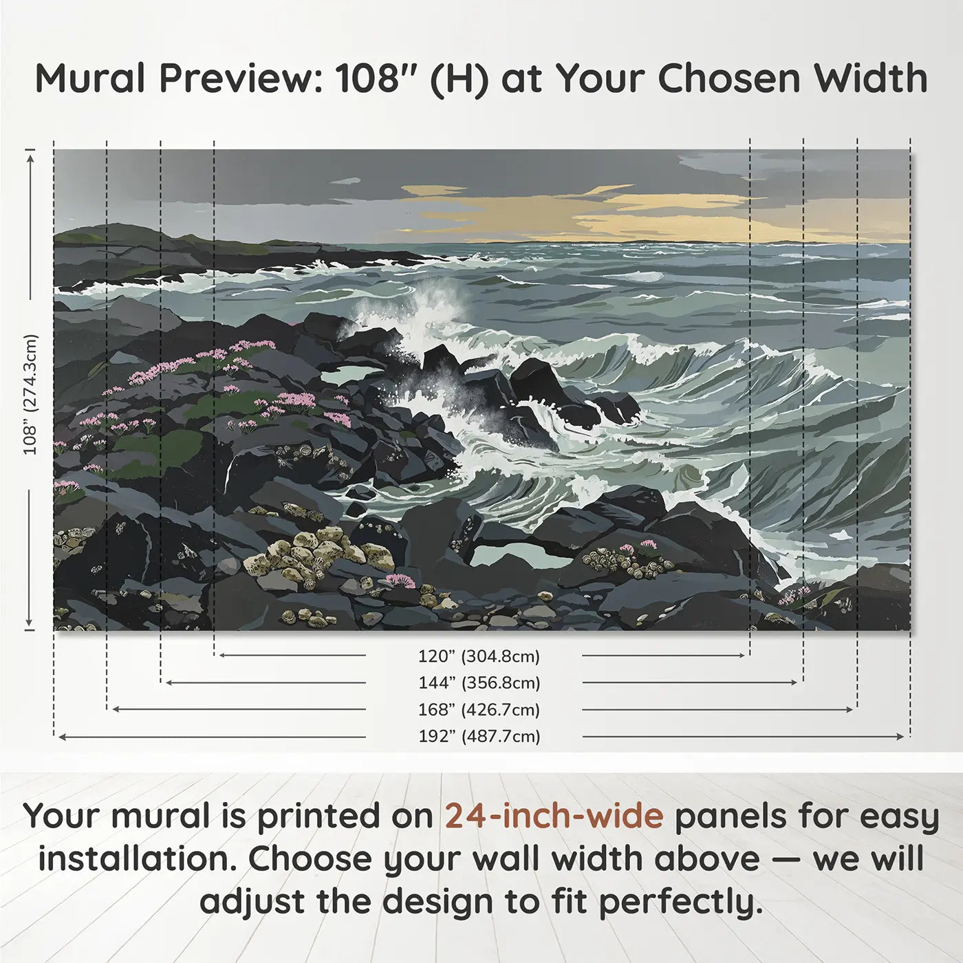 Panel layout and dimensions for Stormy Rocky Coast Waves Wallpaper Mural by Whimsy Tots