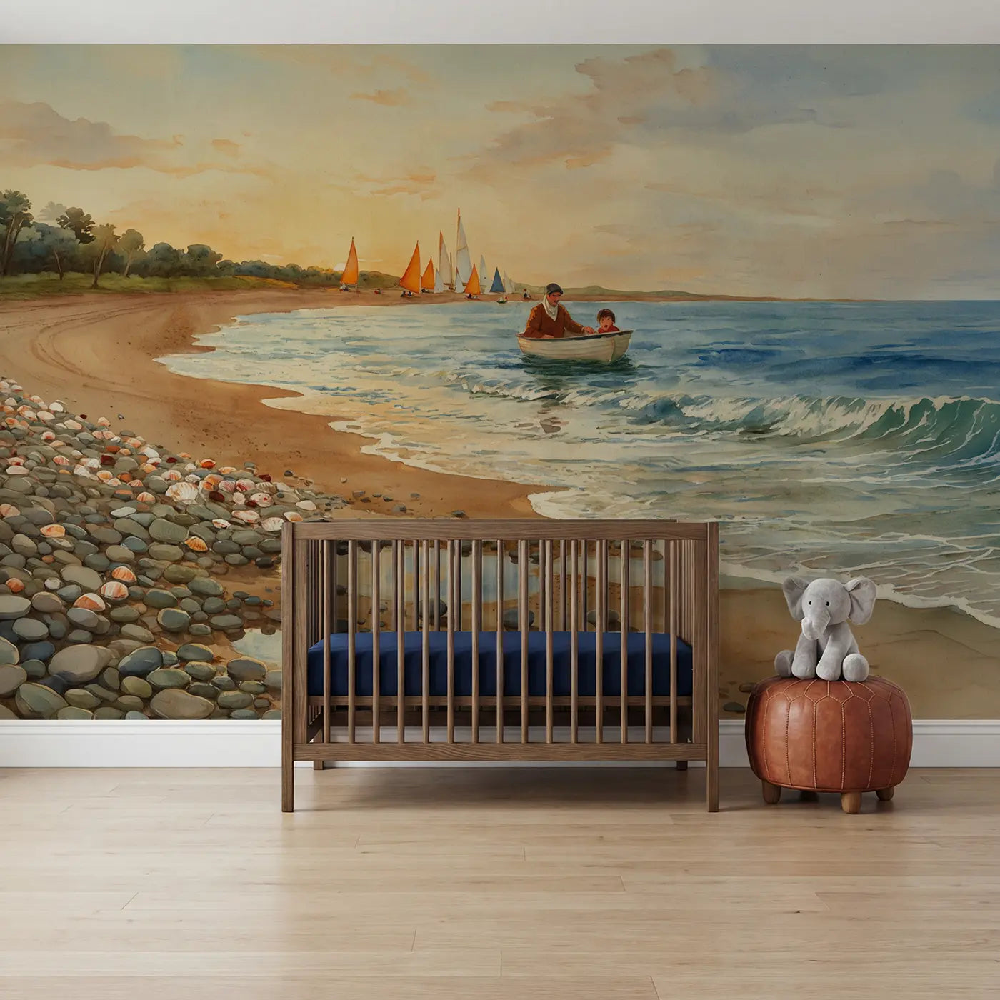 Watercolor sailing lesson coastal seaside wallpaper mural for nursery by Whimsy Tots