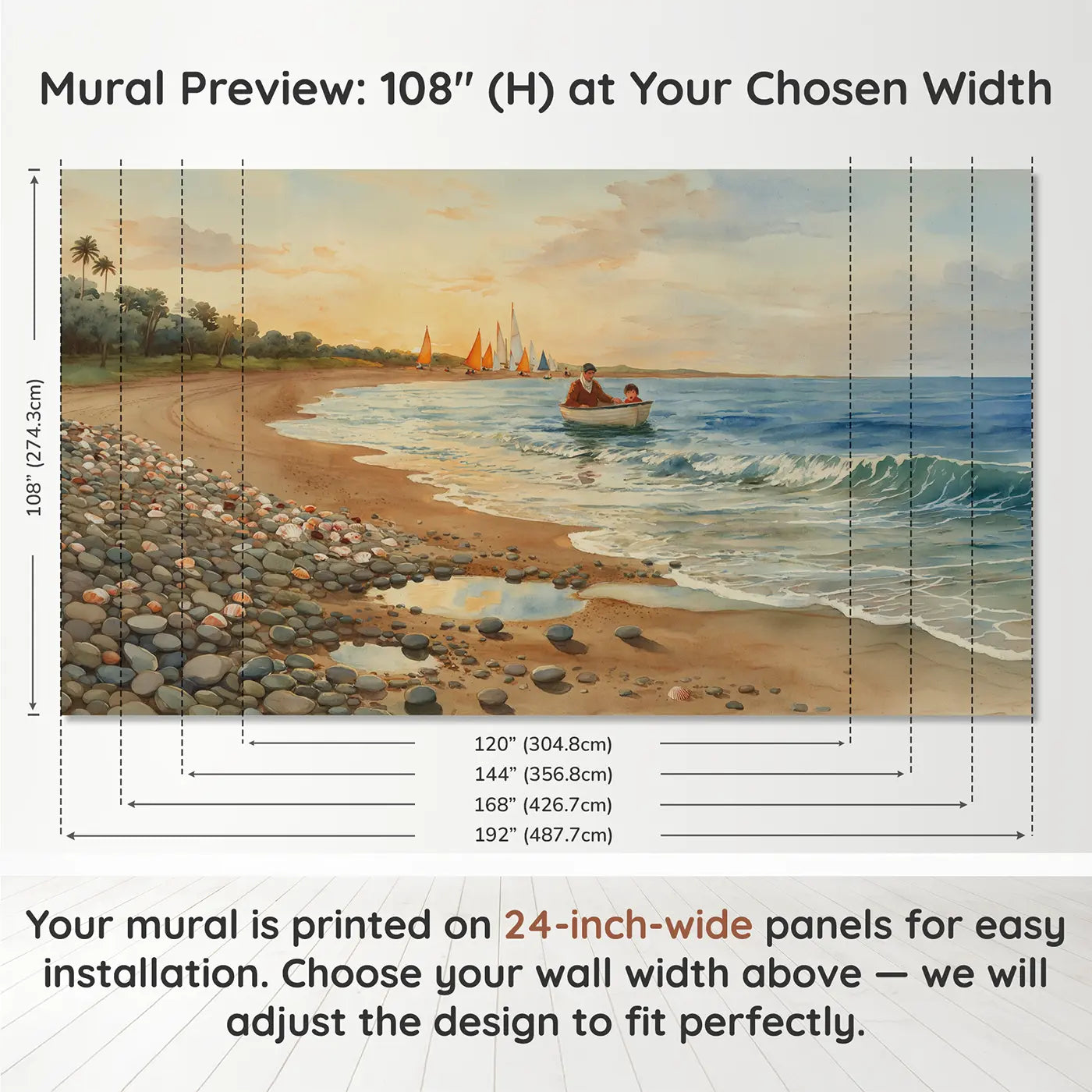Panel layout and dimensions for Sailing Lesson Instructor Nervous Wallpaper Mural by Whimsy Tots