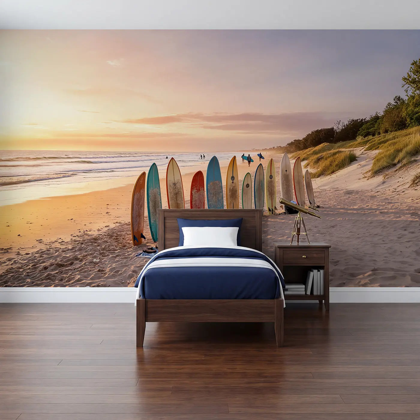 Soft pastel beach and wave wallpaper mural for kids room by Whimsy Tots