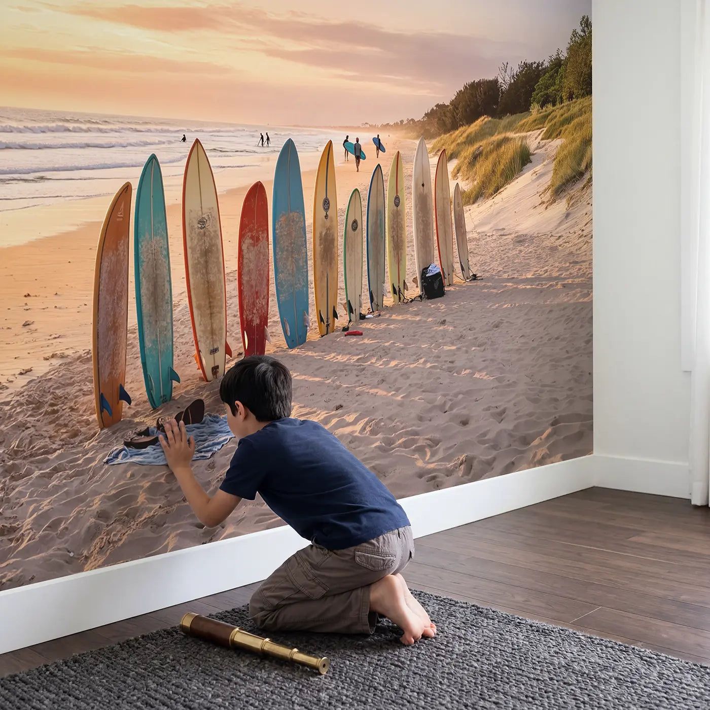 Child in nursery with Dawn Surf Beach Morning Wallpaper Mural by Whimsy Tots