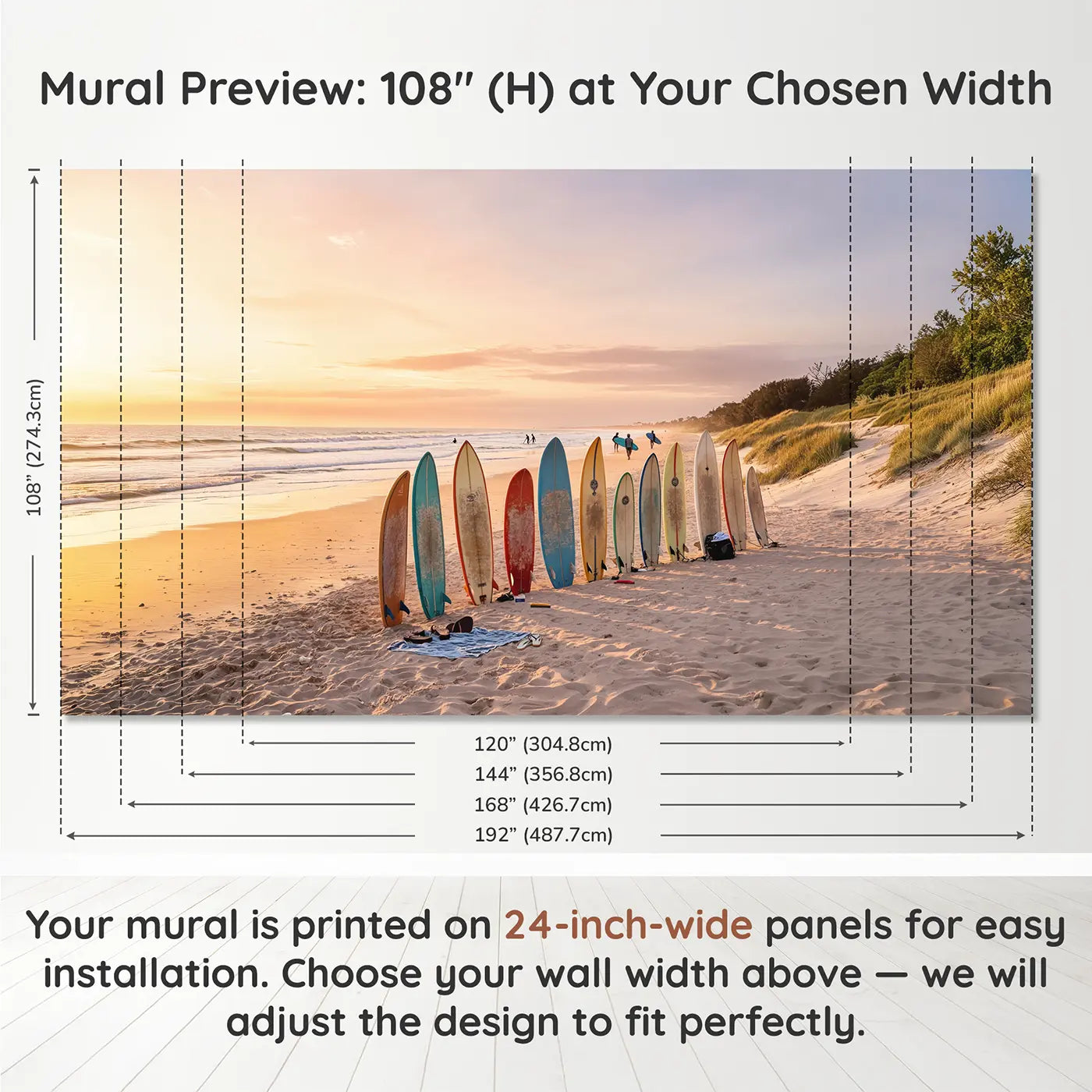 Panel layout and dimensions for Dawn Surf Beach Morning Wallpaper Mural by Whimsy Tots