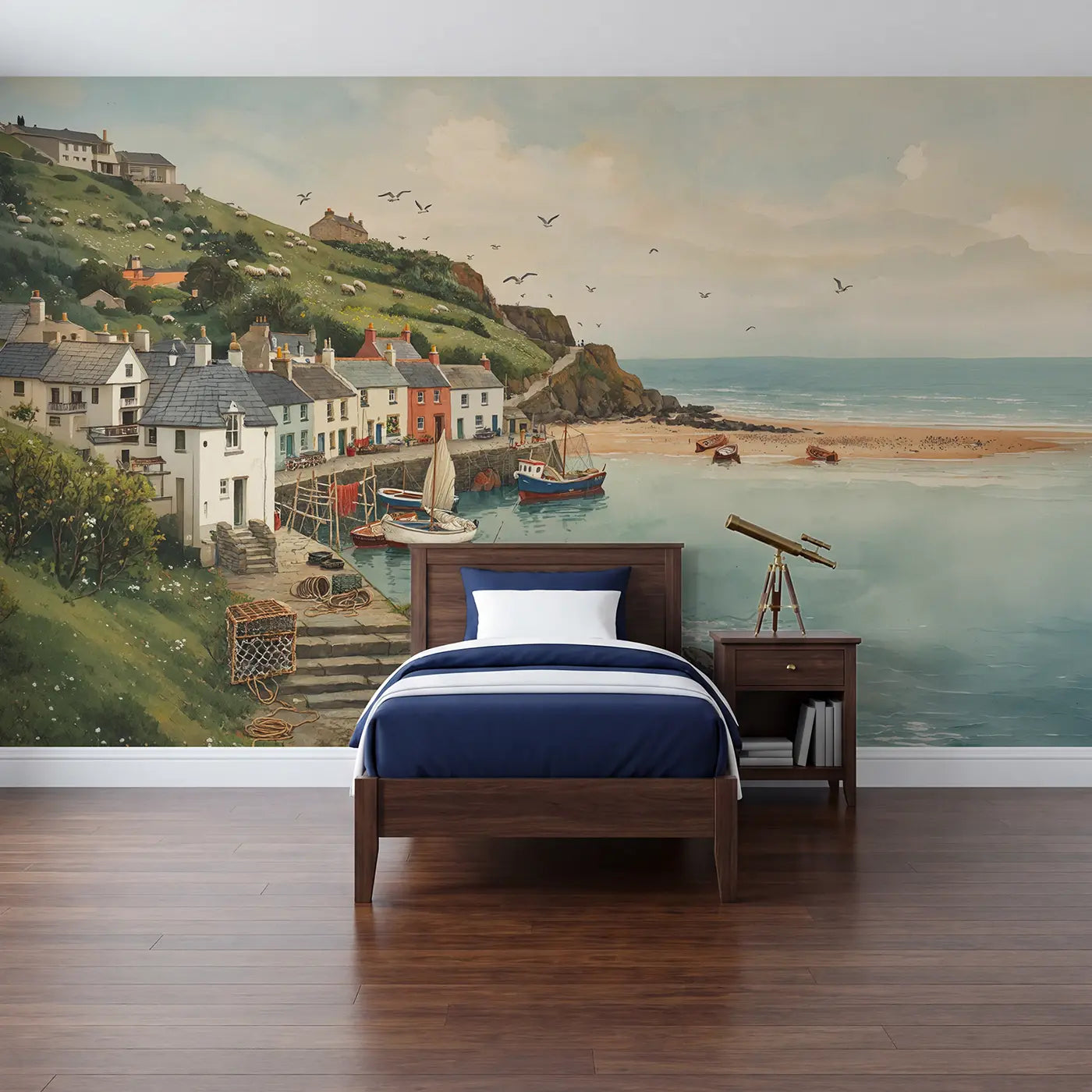 Watercolor fishing village and sailboat coastal wallpaper mural for kids room by Whimsy Tots