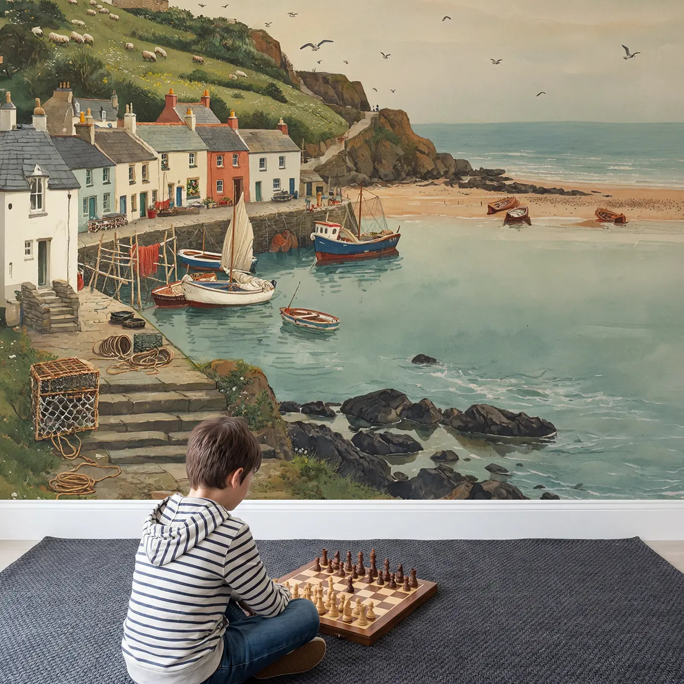 Child in nursery with Coastal Village Watercolor Wallpaper Mural by Whimsy Tots