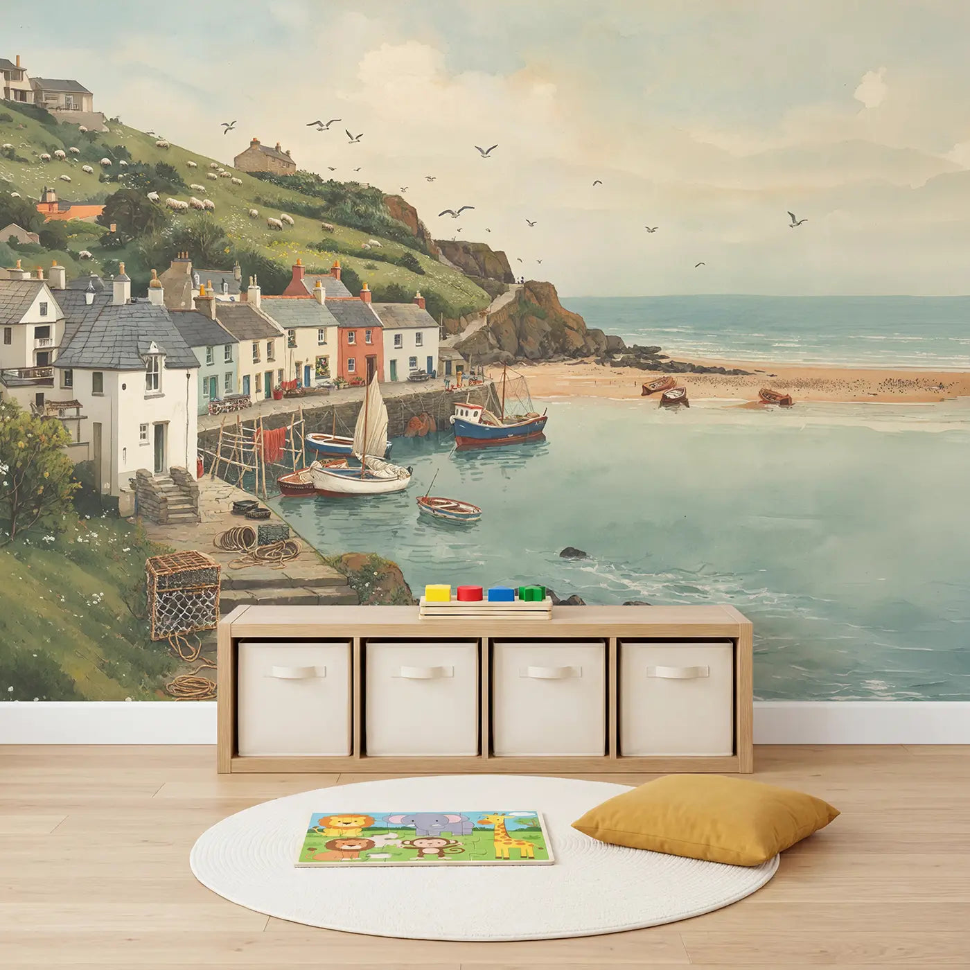 Coastal Village Watercolor Wallpaper Mural in playroom setting by Whimsy Tots