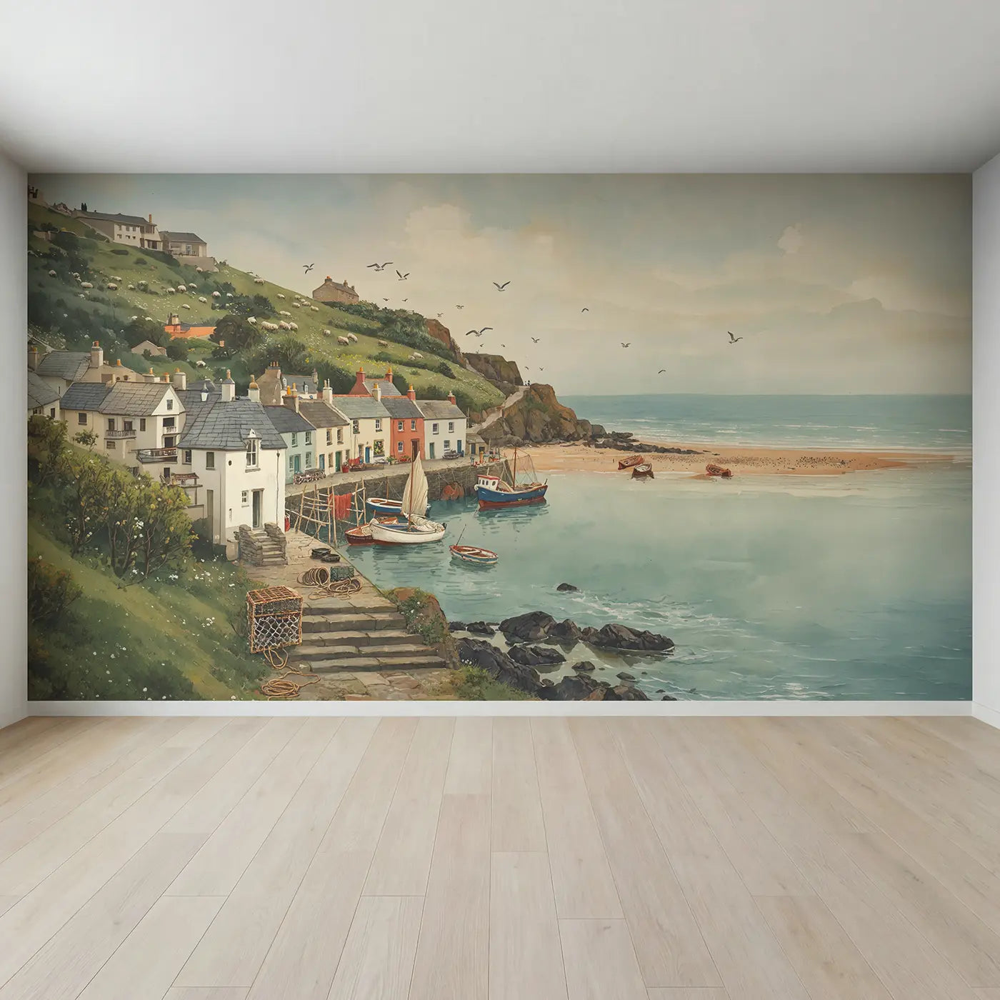 Full view of Coastal Village Watercolor Wallpaper Mural by Whimsy Tots