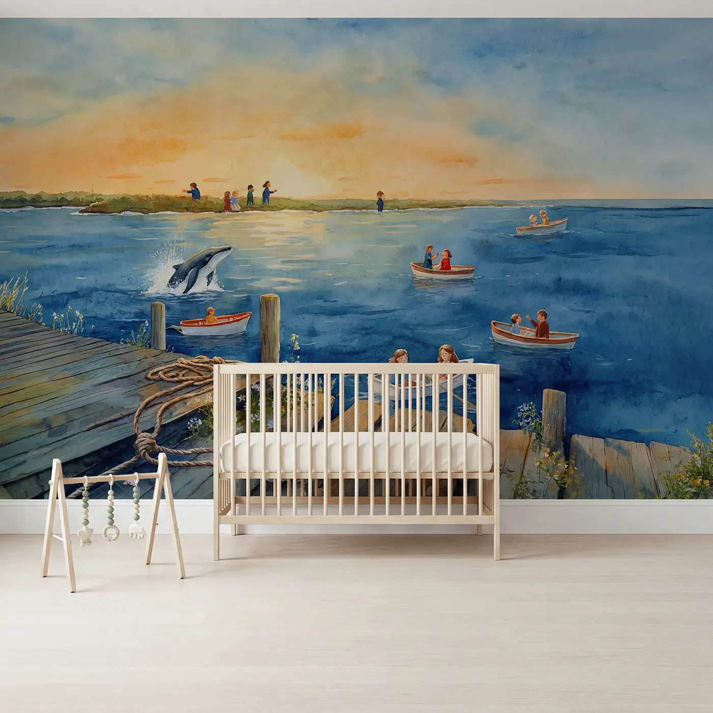 watercolor whale watching boat ocean wallpaper mural for kids room by Whimsy Tots