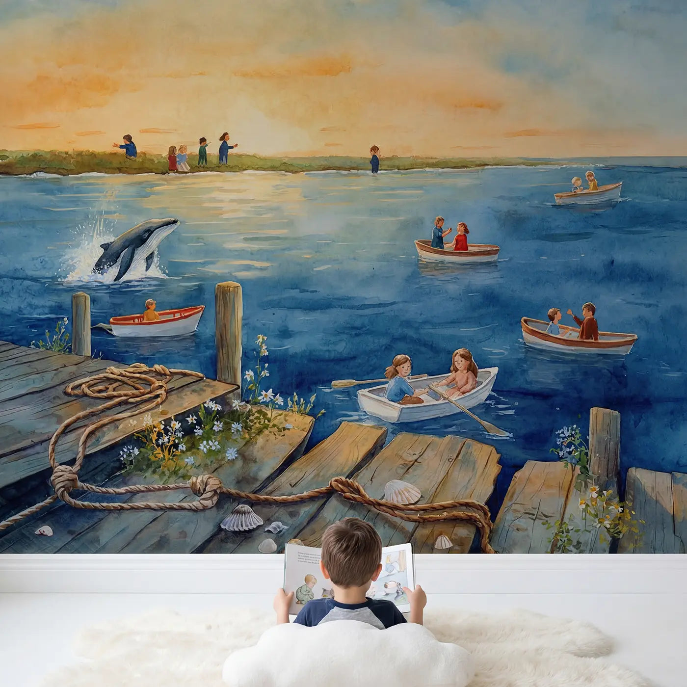 Child in nursery with Whale Watching Boat Whale Wallpaper Mural by Whimsy Tots