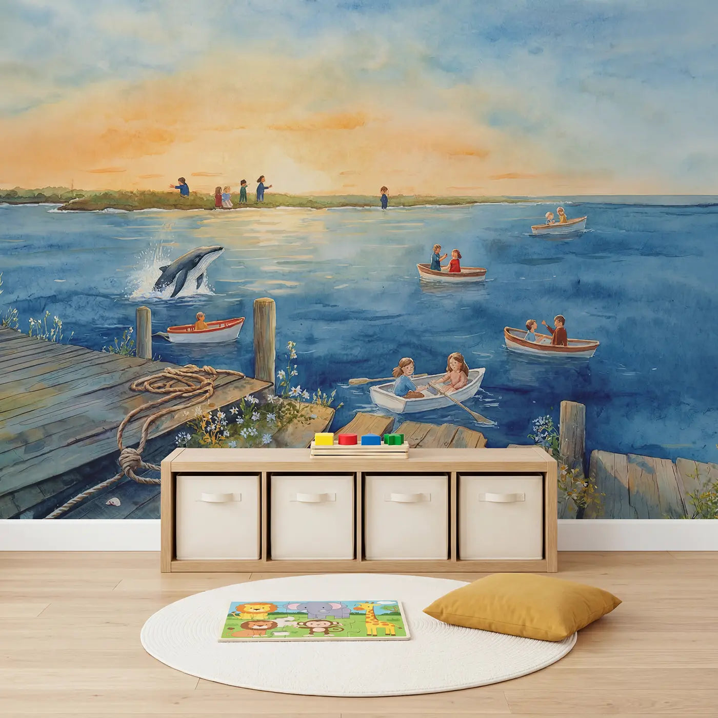 Whale Watching Boat Whale Wallpaper Mural in playroom setting by Whimsy Tots