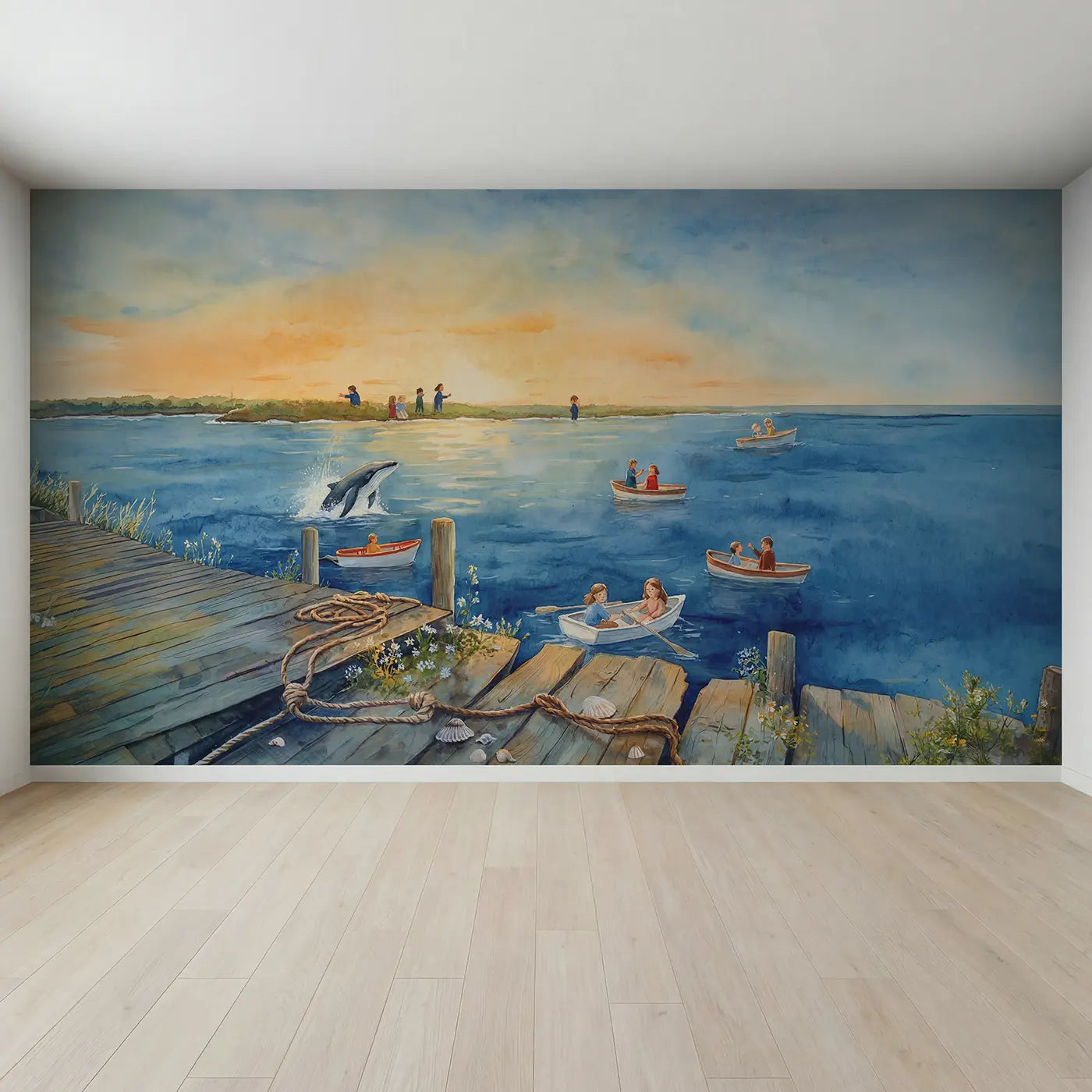 Full view of Whale Watching Boat Whale Wallpaper Mural by Whimsy Tots