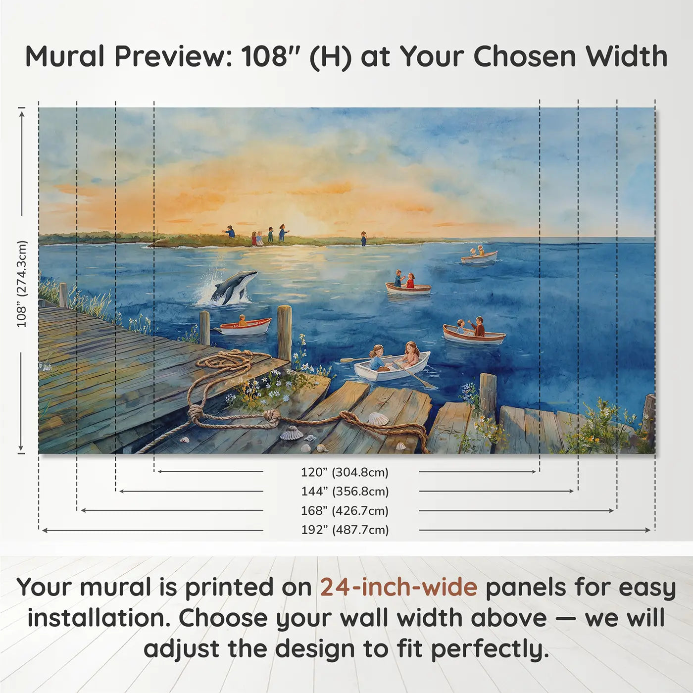 Panel layout and dimensions for Whale Watching Boat Whale Wallpaper Mural by Whimsy Tots