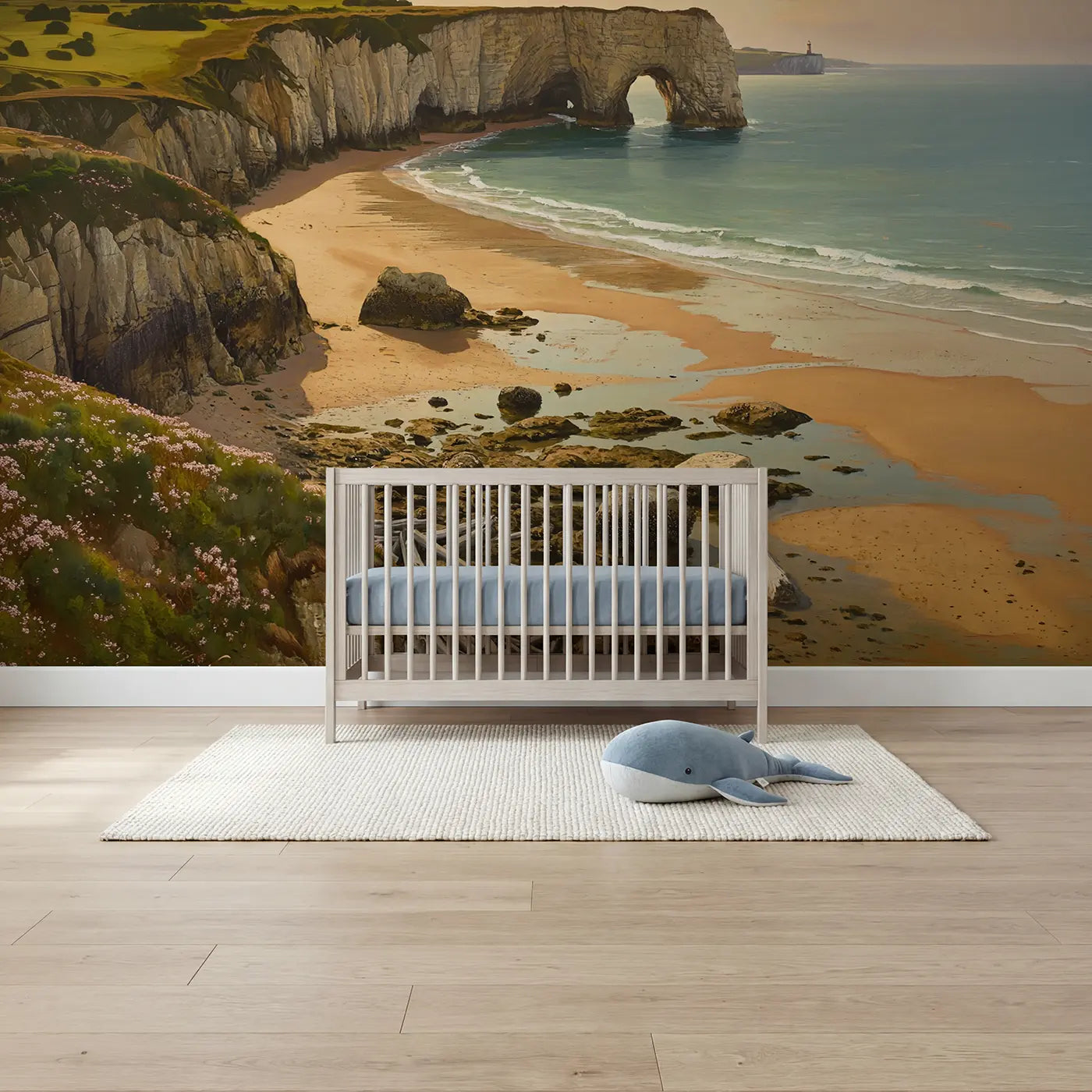 Painted beach and wave wallpaper mural for kids room by Whimsy Tots