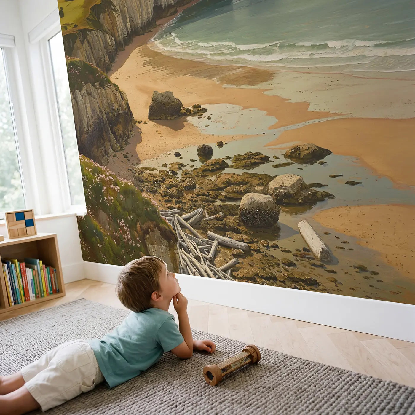 Child in nursery with Beach Rock Arch Cove Wallpaper Mural by Whimsy Tots