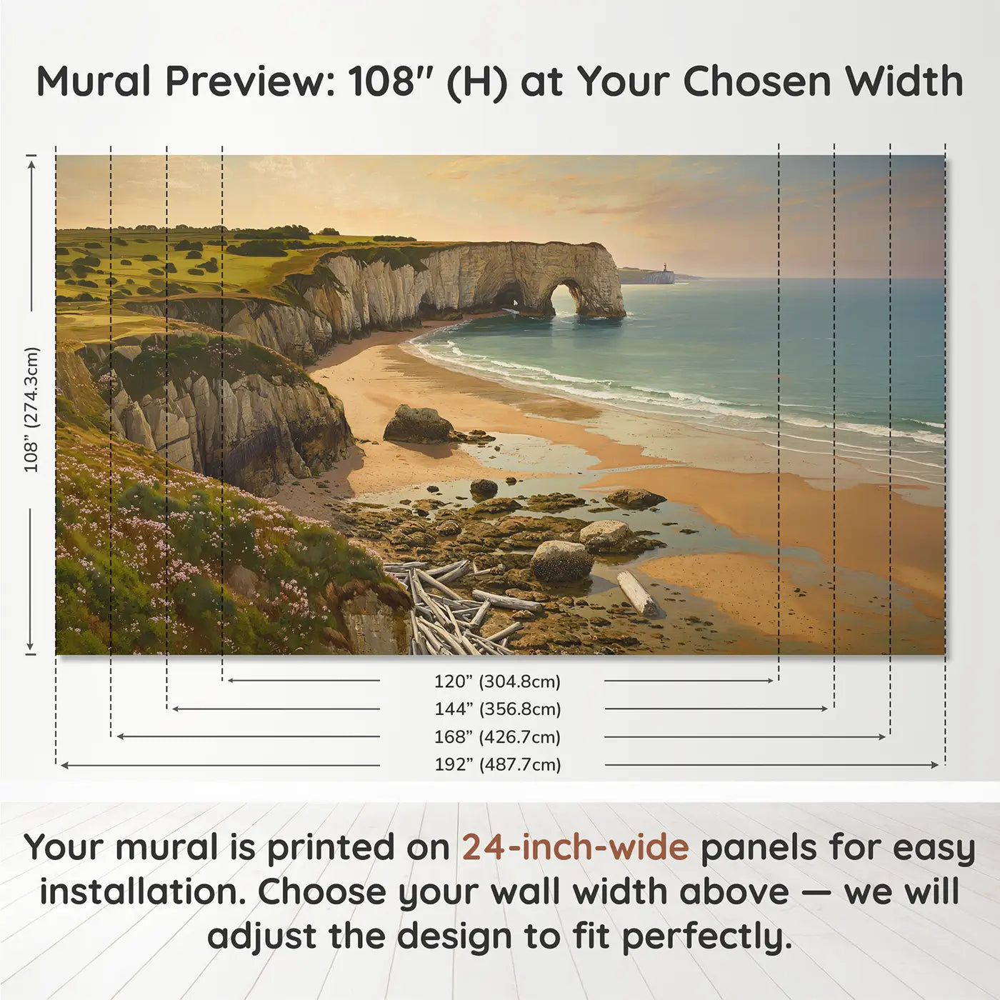 Panel layout and dimensions for Beach Rock Arch Cove Wallpaper Mural by Whimsy Tots