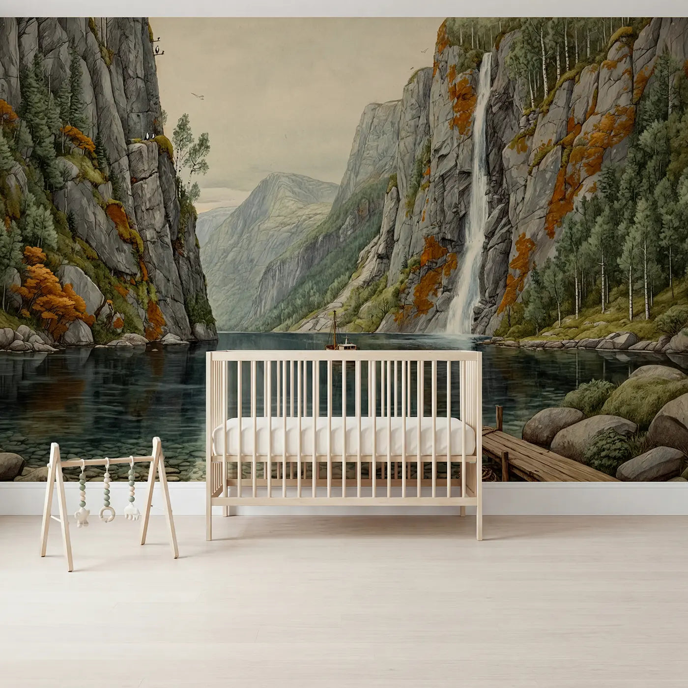 Storybook steep fjord with sailboat calm coastal cliffs wallpaper mural for kids room by Whimsy Tots