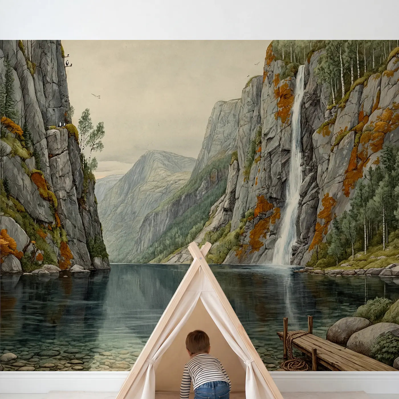 Child in nursery with Steep Fjord Calm Waters Wallpaper Mural by Whimsy Tots