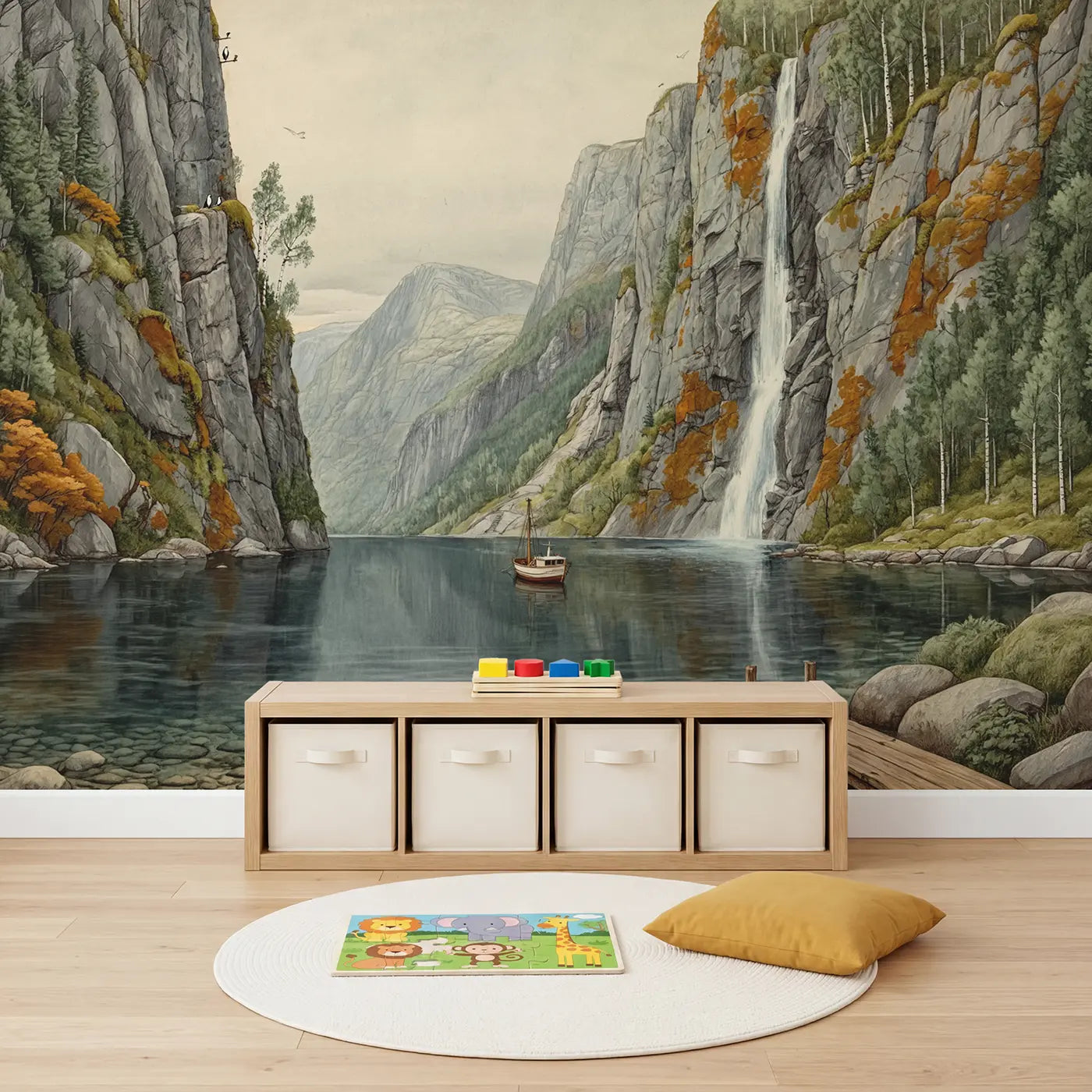 Steep Fjord Calm Waters Wallpaper Mural in playroom setting by Whimsy Tots