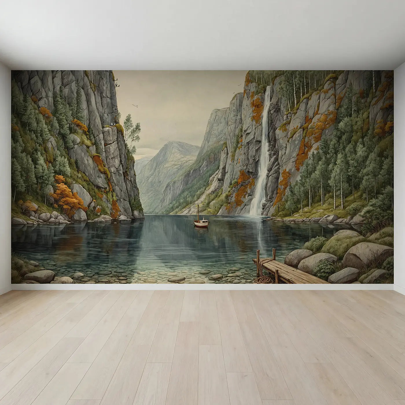 Full view of Steep Fjord Calm Waters Wallpaper Mural by Whimsy Tots