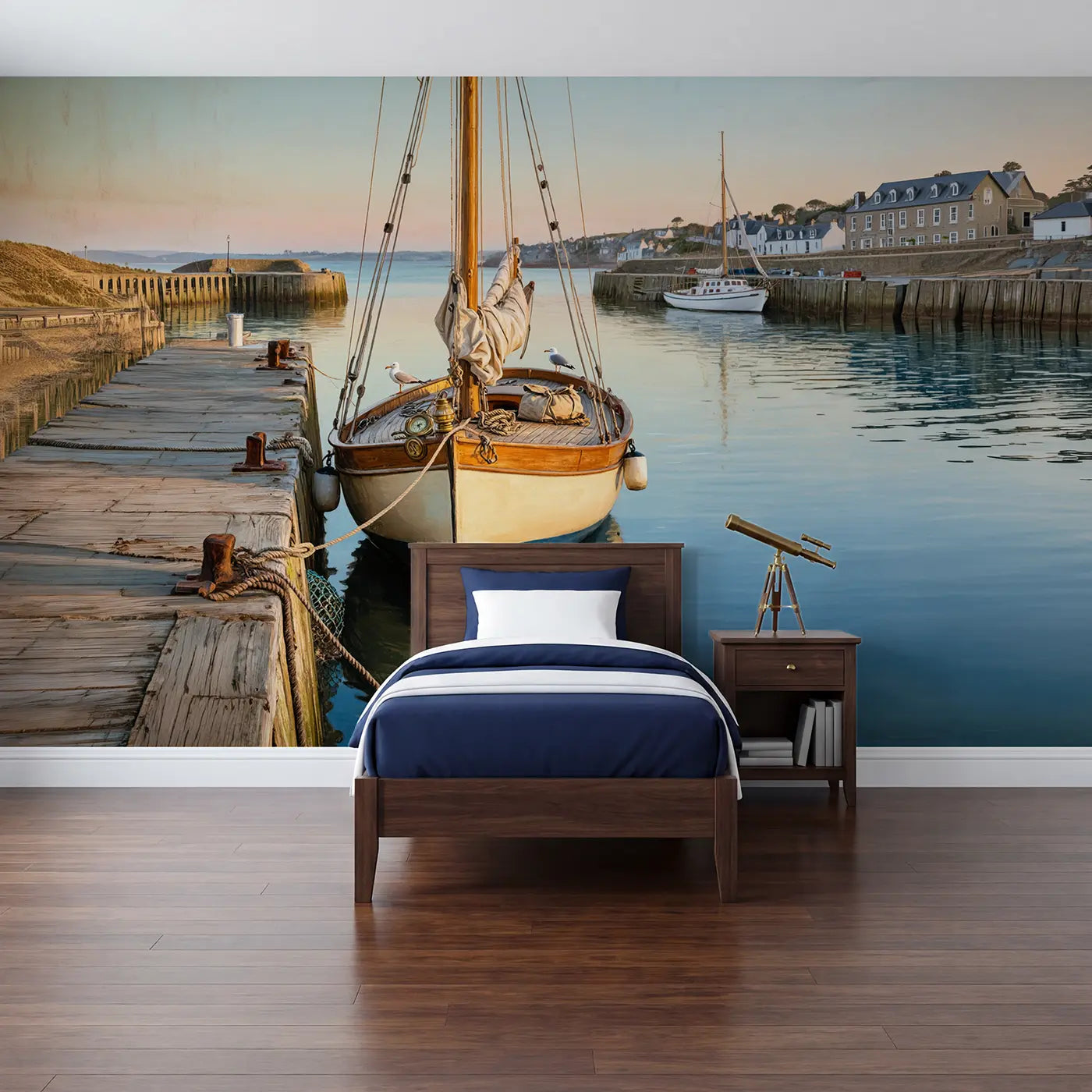 Soft Pastel harbor sailboat morning rest wallpaper mural for kids room by Whimsy Tots
