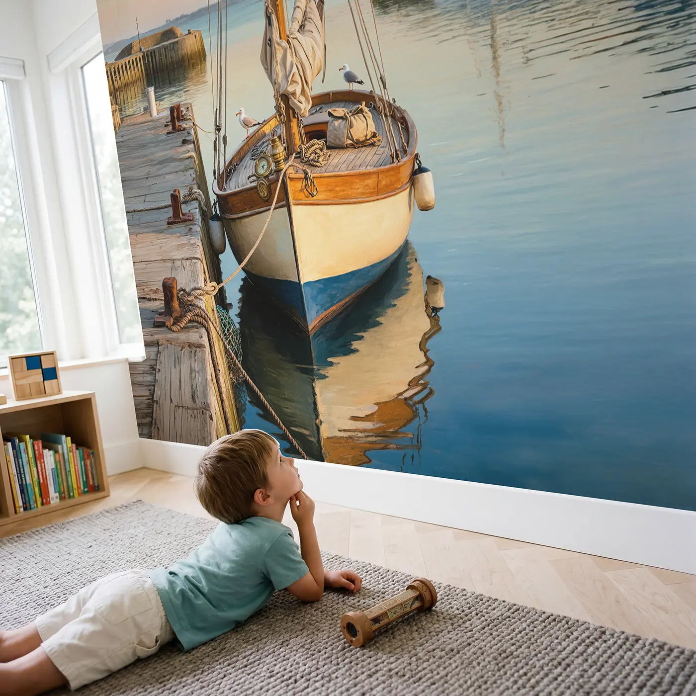 Child in nursery with Harbor Sailboat Morning Rest Wallpaper Mural by Whimsy Tots