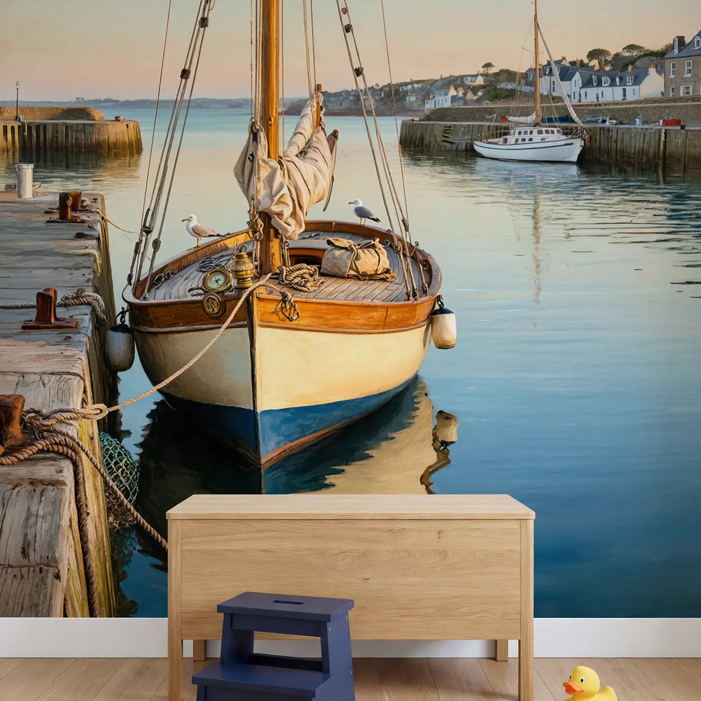 Harbor Sailboat Morning Rest Wallpaper Mural in playroom setting by Whimsy Tots