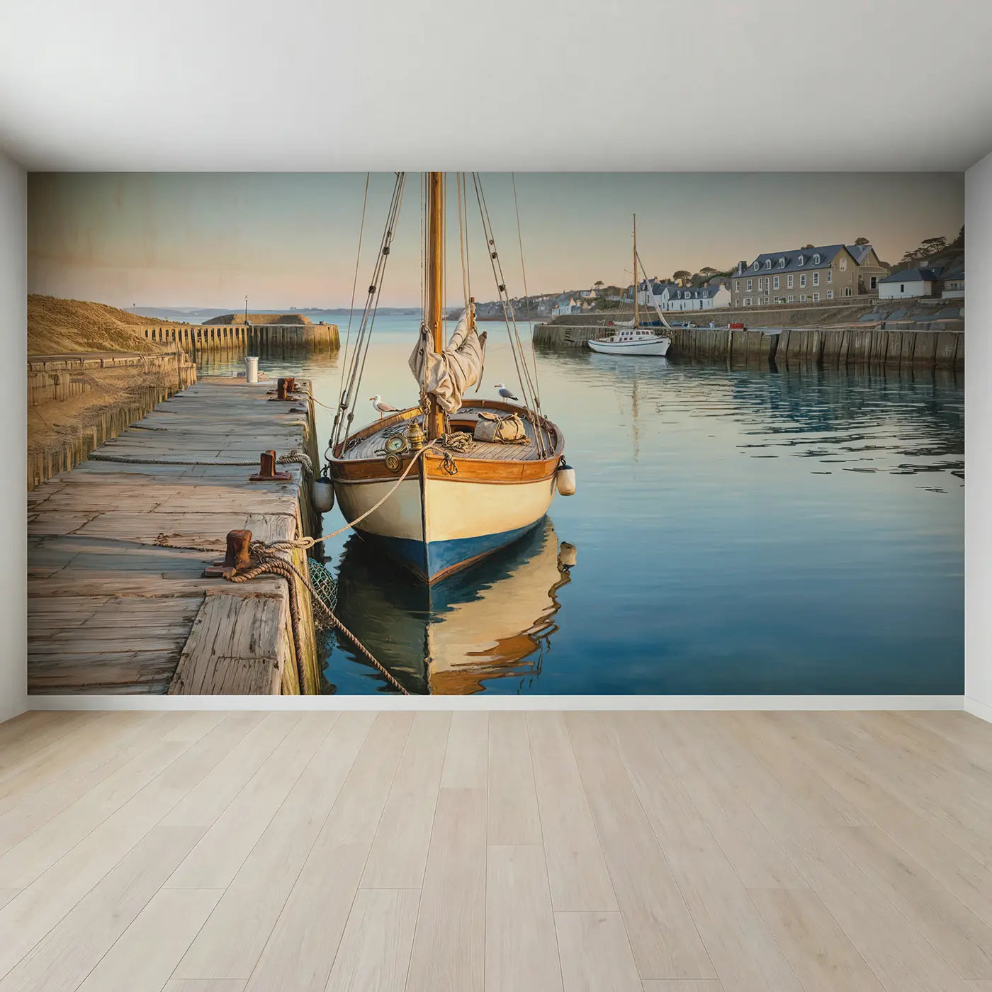 Full view of Harbor Sailboat Morning Rest Wallpaper Mural by Whimsy Tots