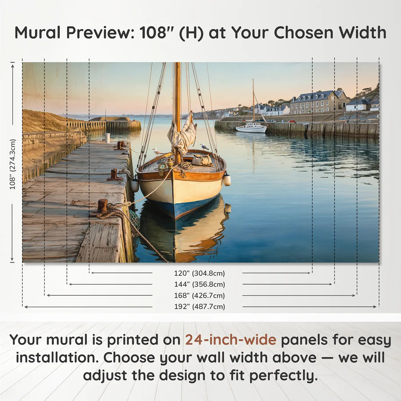 Panel layout and dimensions for Harbor Sailboat Morning Rest Wallpaper Mural by Whimsy Tots