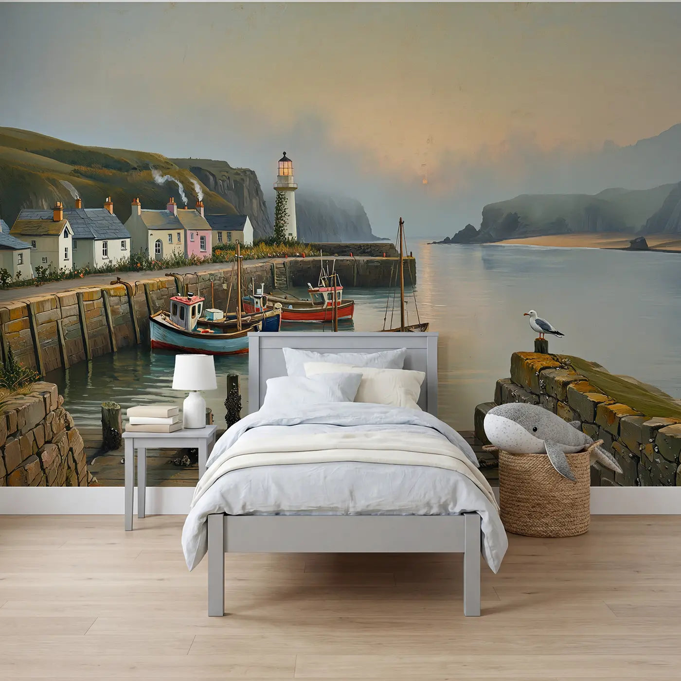 Painted sailboat and lighthouse coastal wallpaper mural for boys room by Whimsy Tots