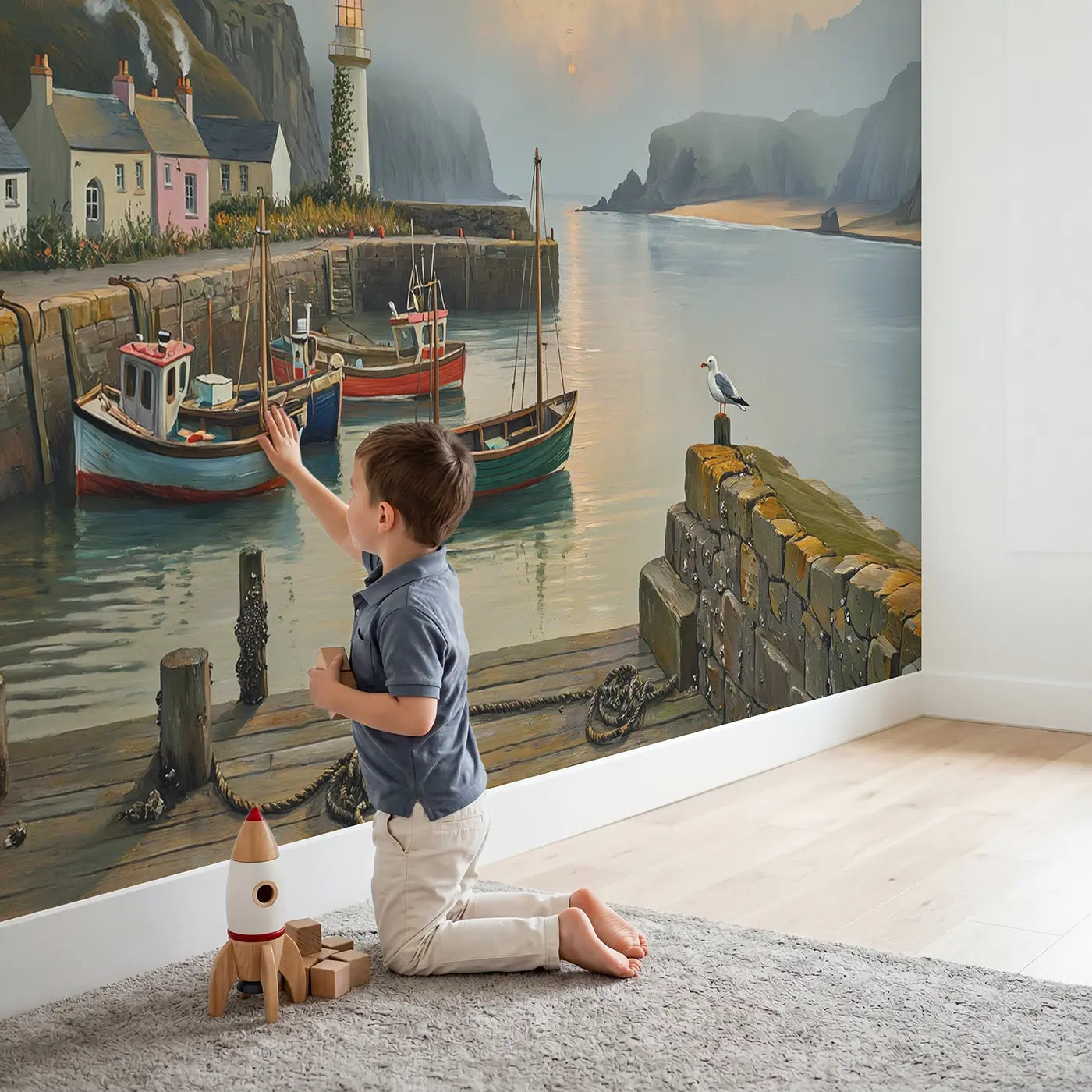 Child in nursery with Misty Harbor at Dawn Wallpaper Mural by Whimsy Tots
