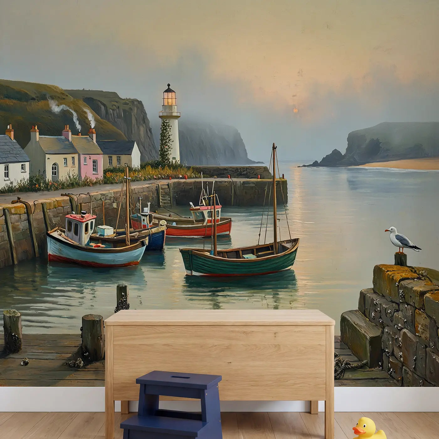 Misty Harbor at Dawn Wallpaper Mural in playroom setting by Whimsy Tots
