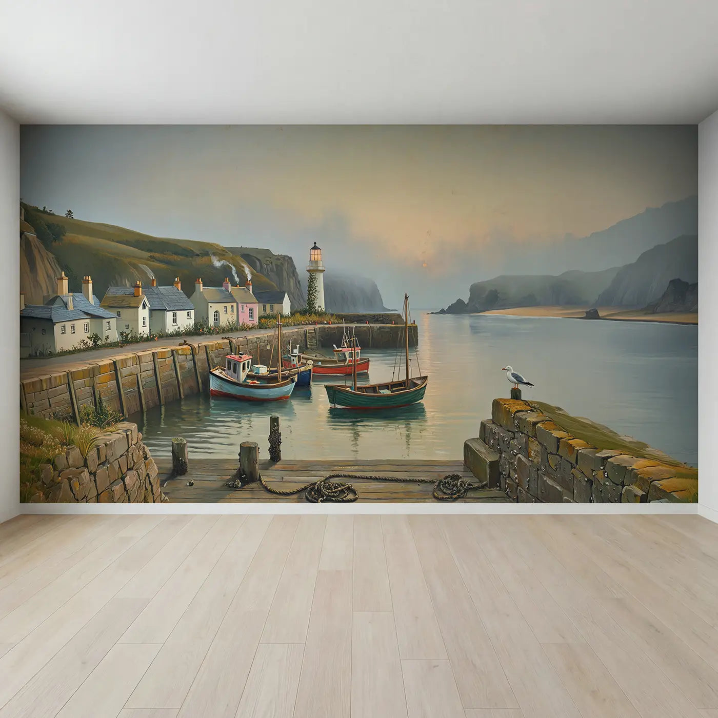 Full view of Misty Harbor at Dawn Wallpaper Mural by Whimsy Tots