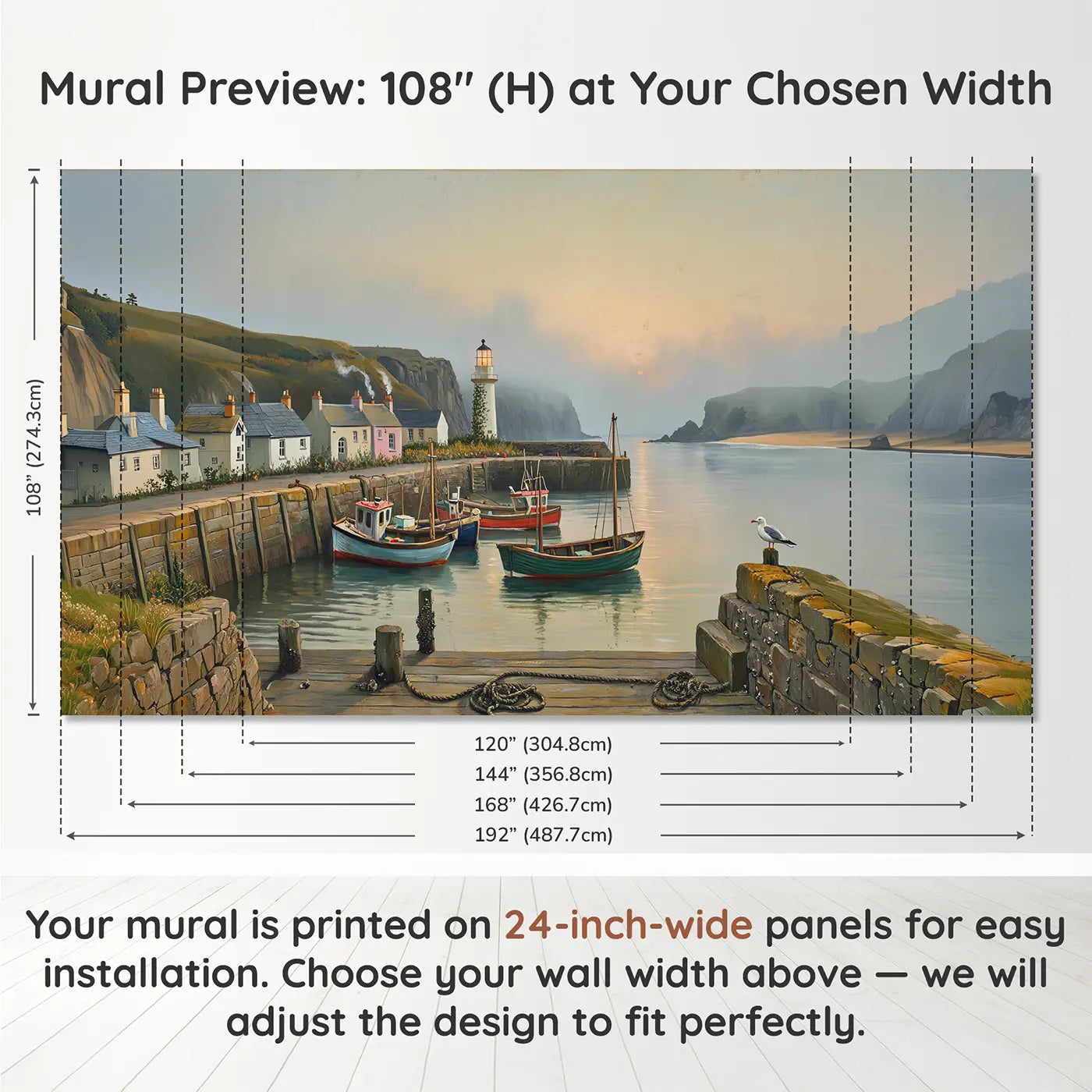 Panel layout and dimensions for Misty Harbor at Dawn Wallpaper Mural by Whimsy Tots