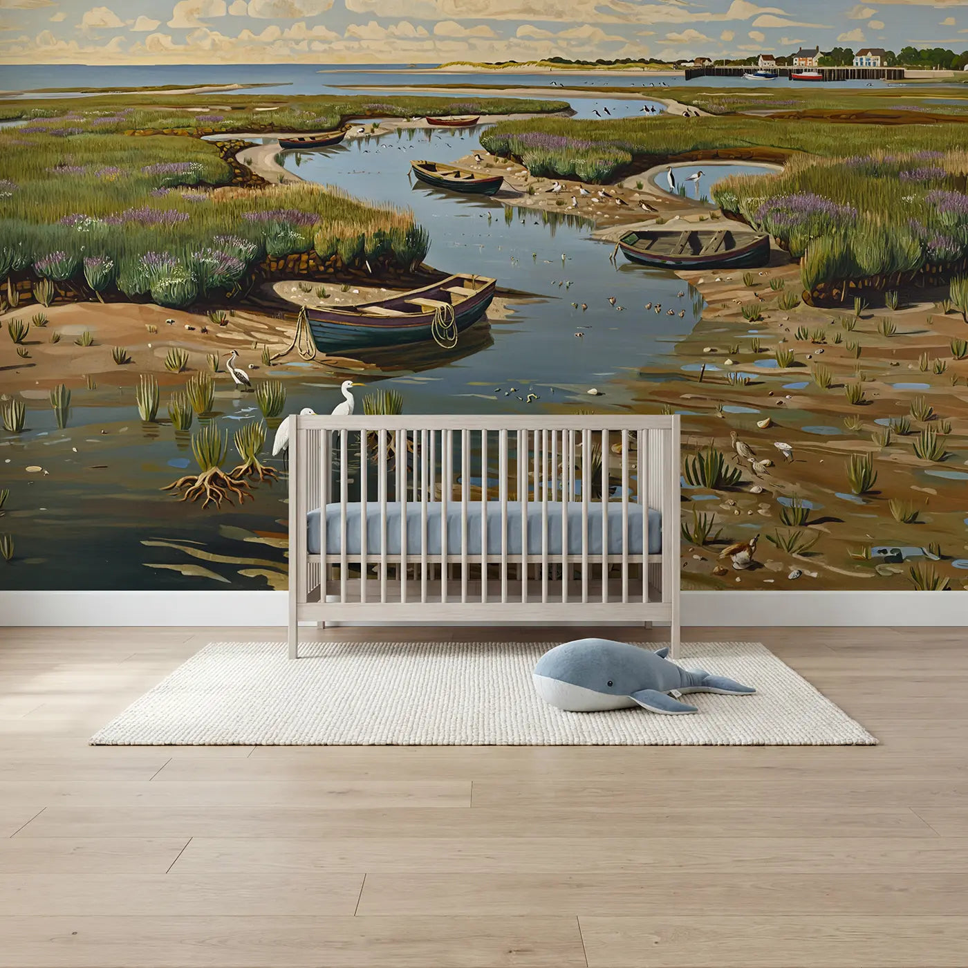 Modern illustration coastal estuary sailboat wallpaper mural for baby room by Whimsy Tots