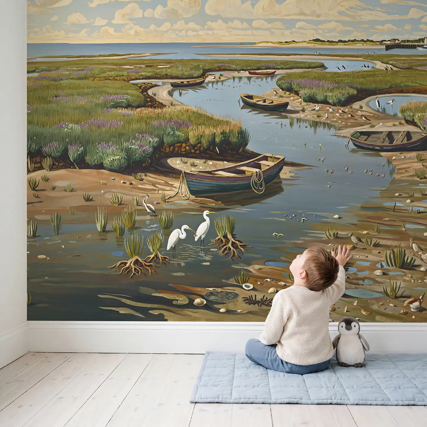 Child in nursery with Coastal Wetland Estuary Wallpaper Mural by Whimsy Tots