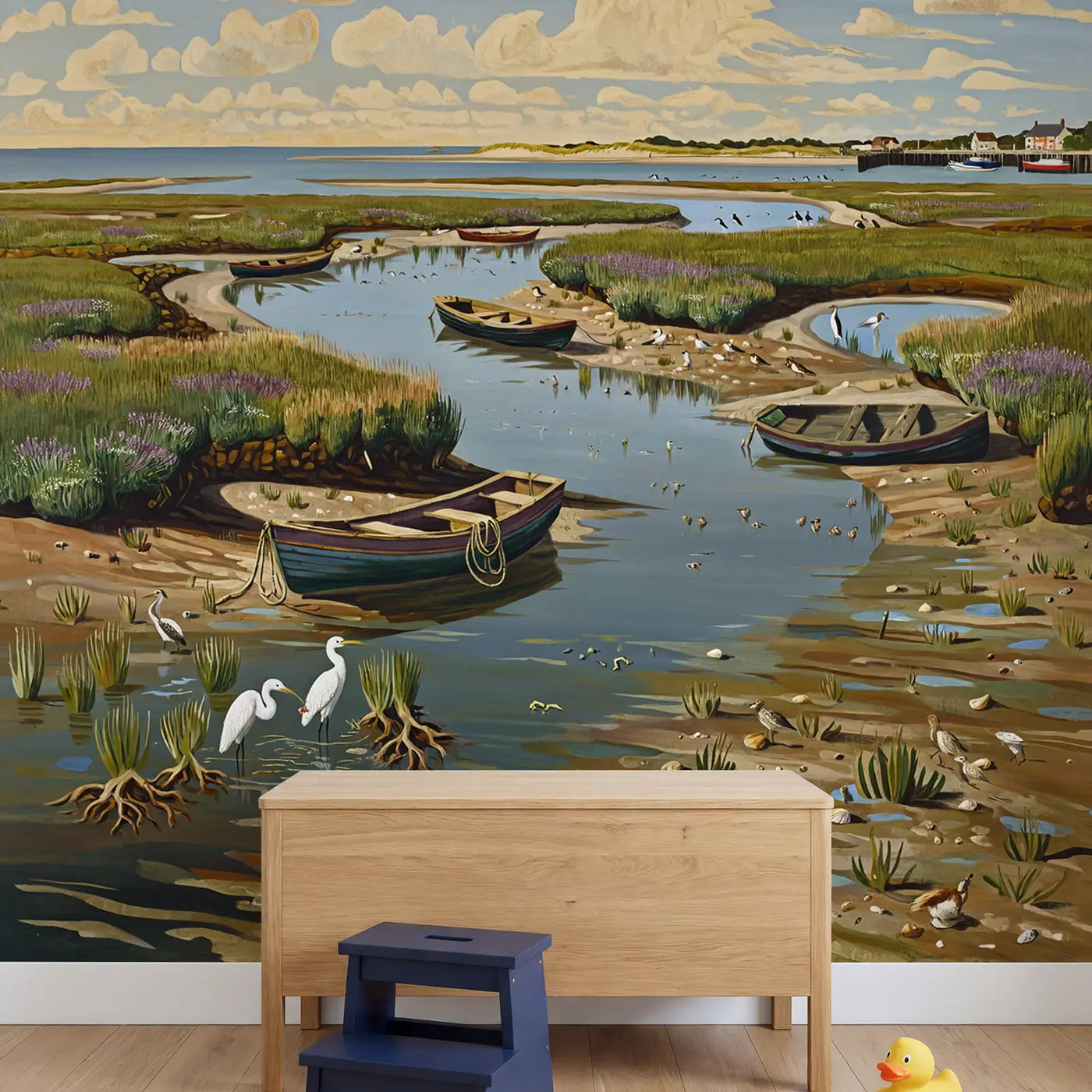 Coastal Wetland Estuary Wallpaper Mural in playroom setting by Whimsy Tots