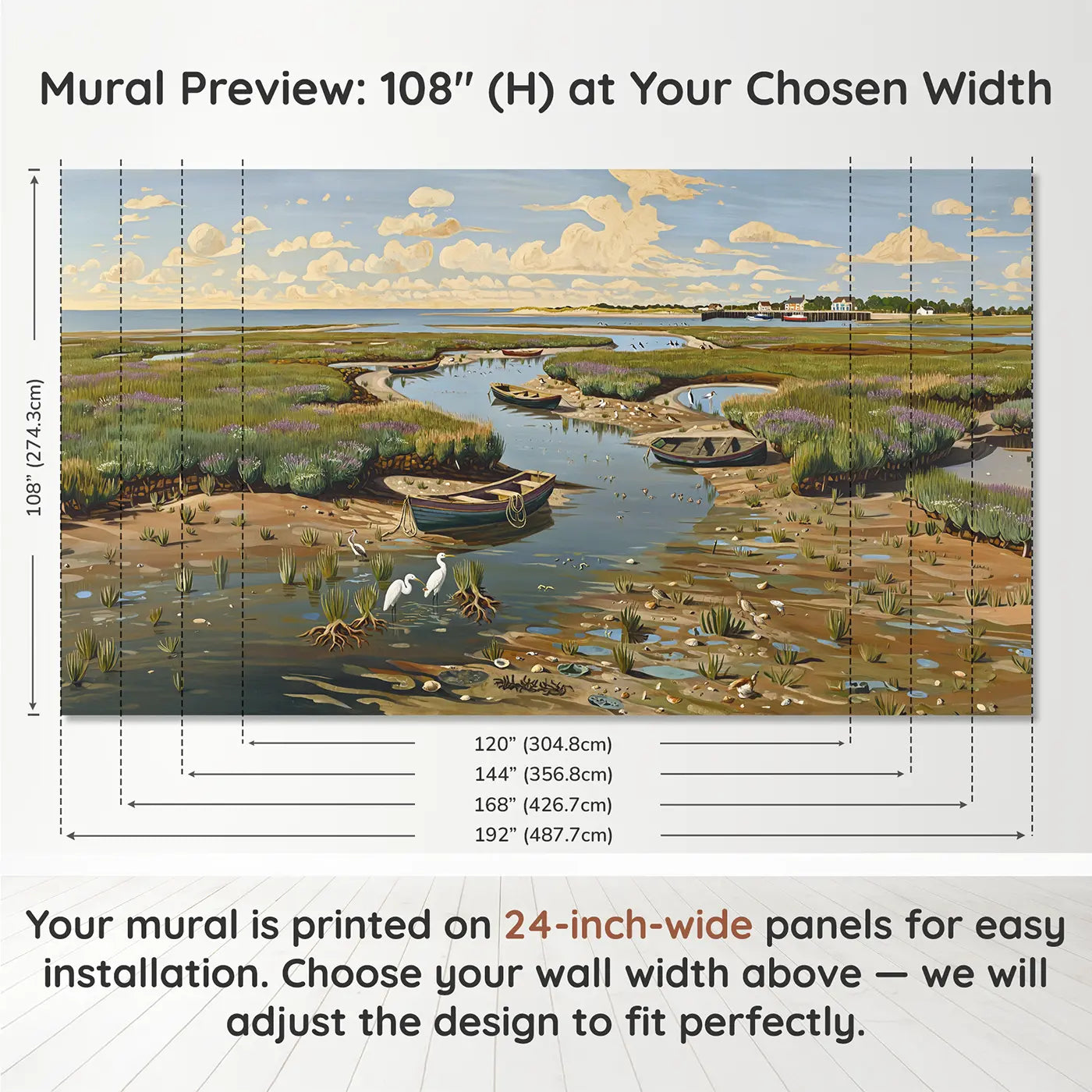 Panel layout and dimensions for Coastal Wetland Estuary Wallpaper Mural by Whimsy Tots