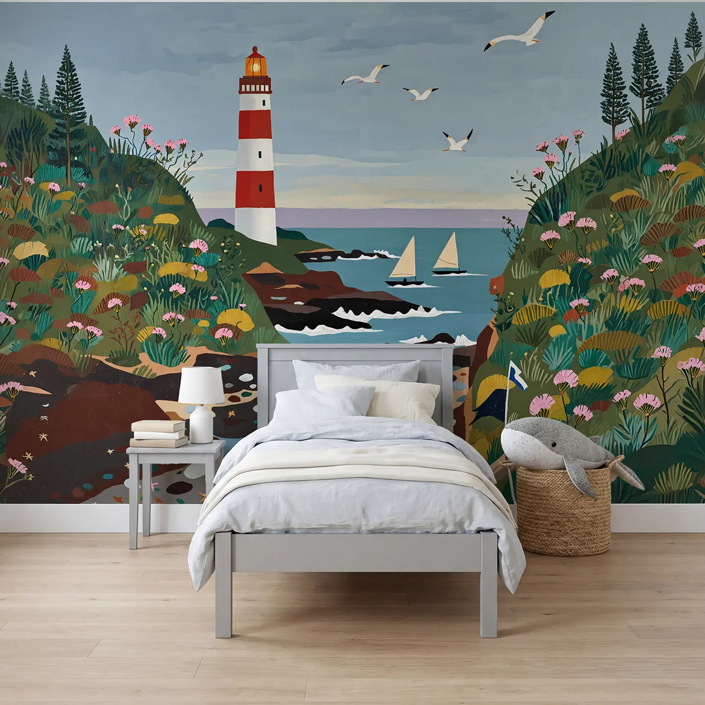 Modern illustration lighthouse and cliff coastal wallpaper mural for boys room by Whimsy Tots