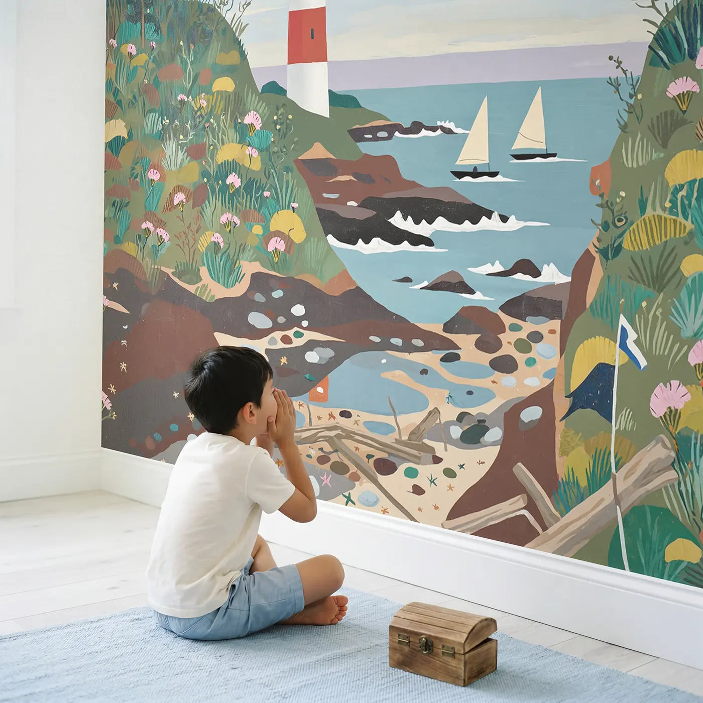 Child in nursery with Vintage Lighthouse Cliff Wallpaper Mural by Whimsy Tots