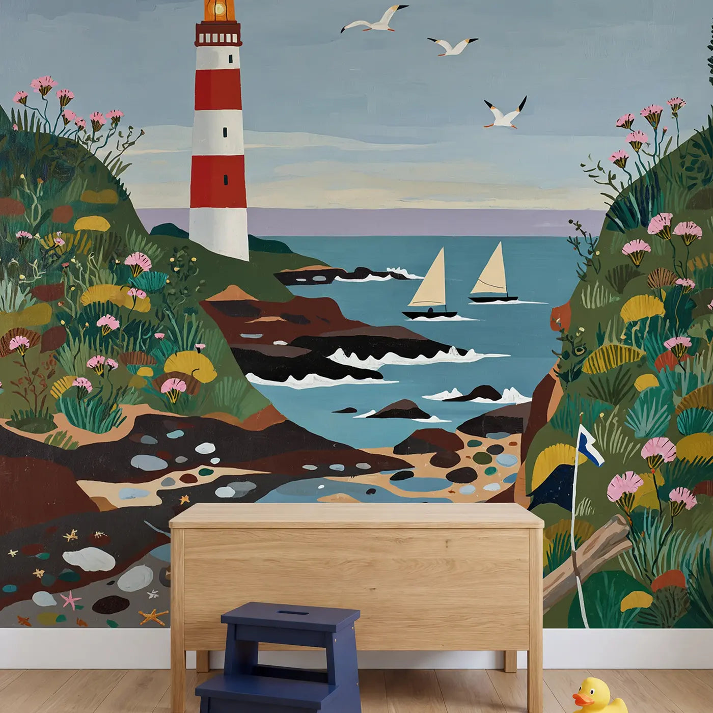 Vintage Lighthouse Cliff Wallpaper Mural in playroom setting by Whimsy Tots
