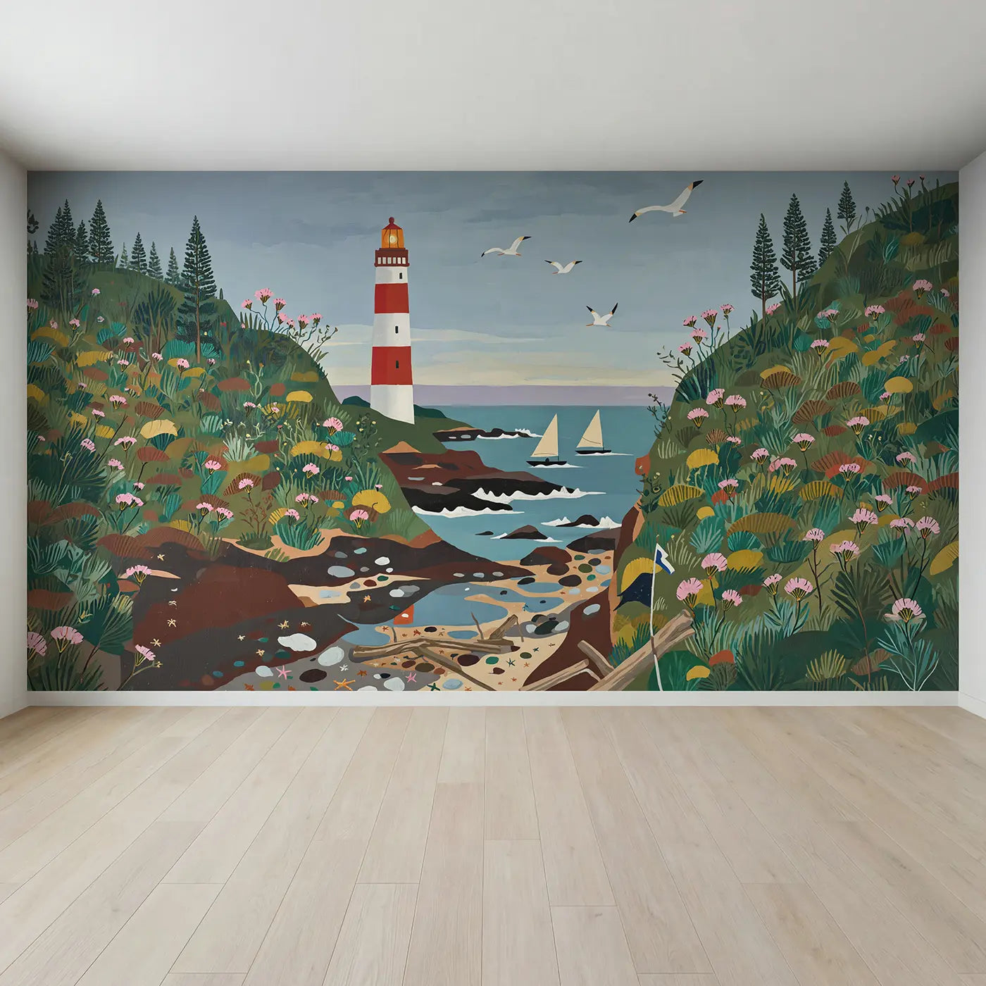 Full view of Vintage Lighthouse Cliff Wallpaper Mural by Whimsy Tots