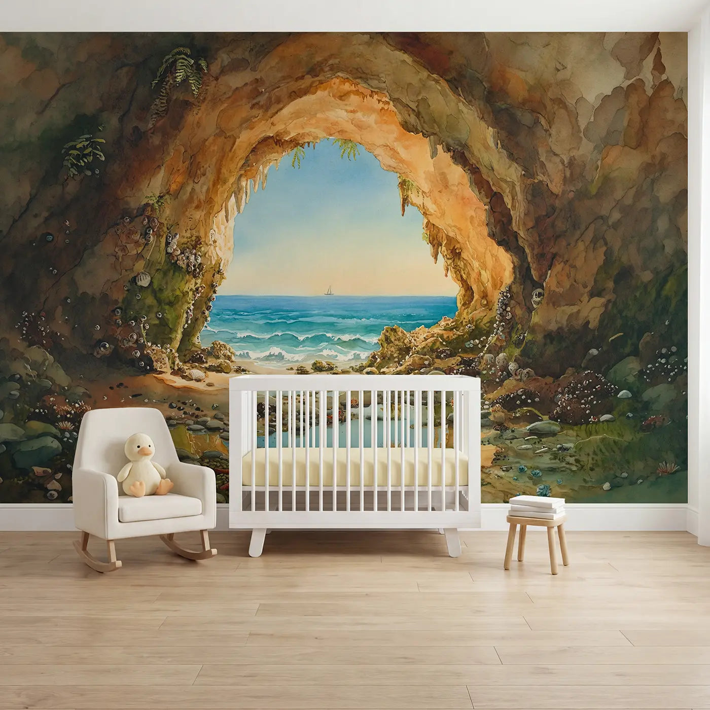 Watercolor seaside cave ocean view coastal cave interior wallpaper mural for nursery by Whimsy Tots