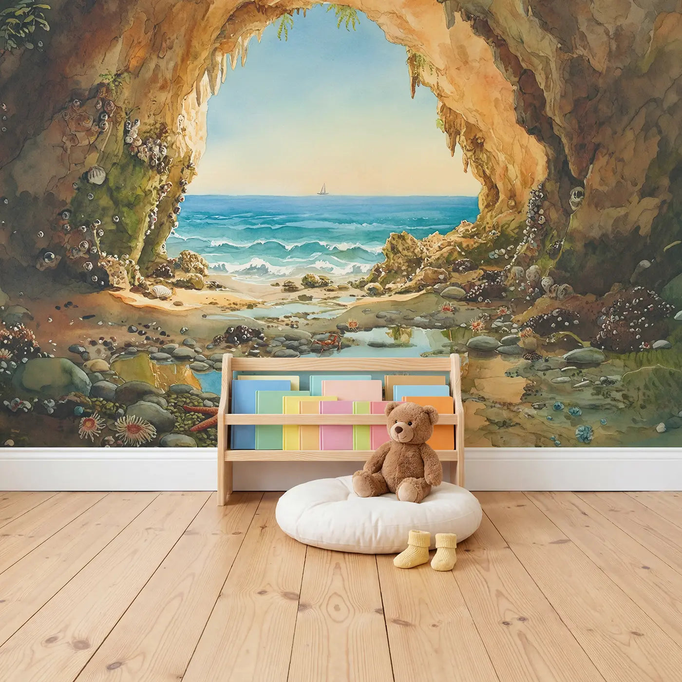 Seaside Cave Ocean View Wallpaper Mural in playroom setting by Whimsy Tots