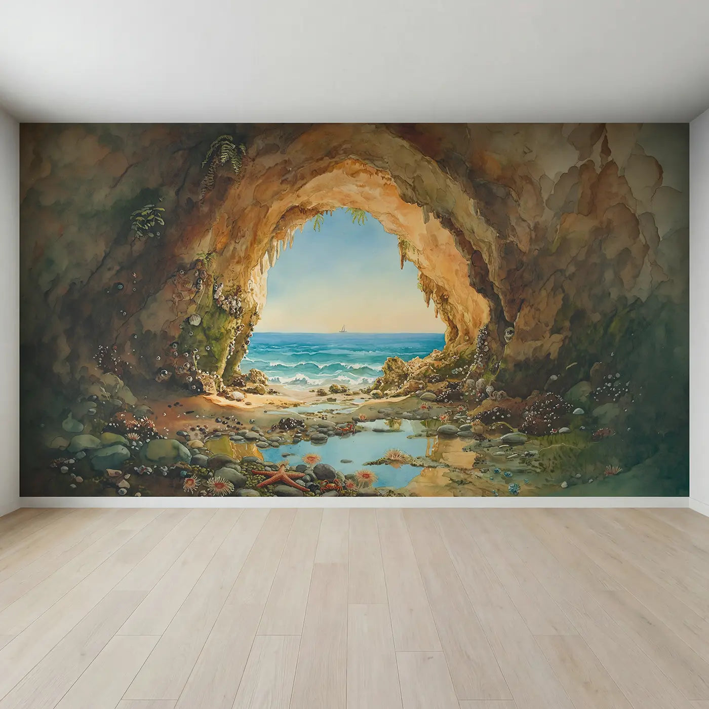 Full view of Seaside Cave Ocean View Wallpaper Mural by Whimsy Tots