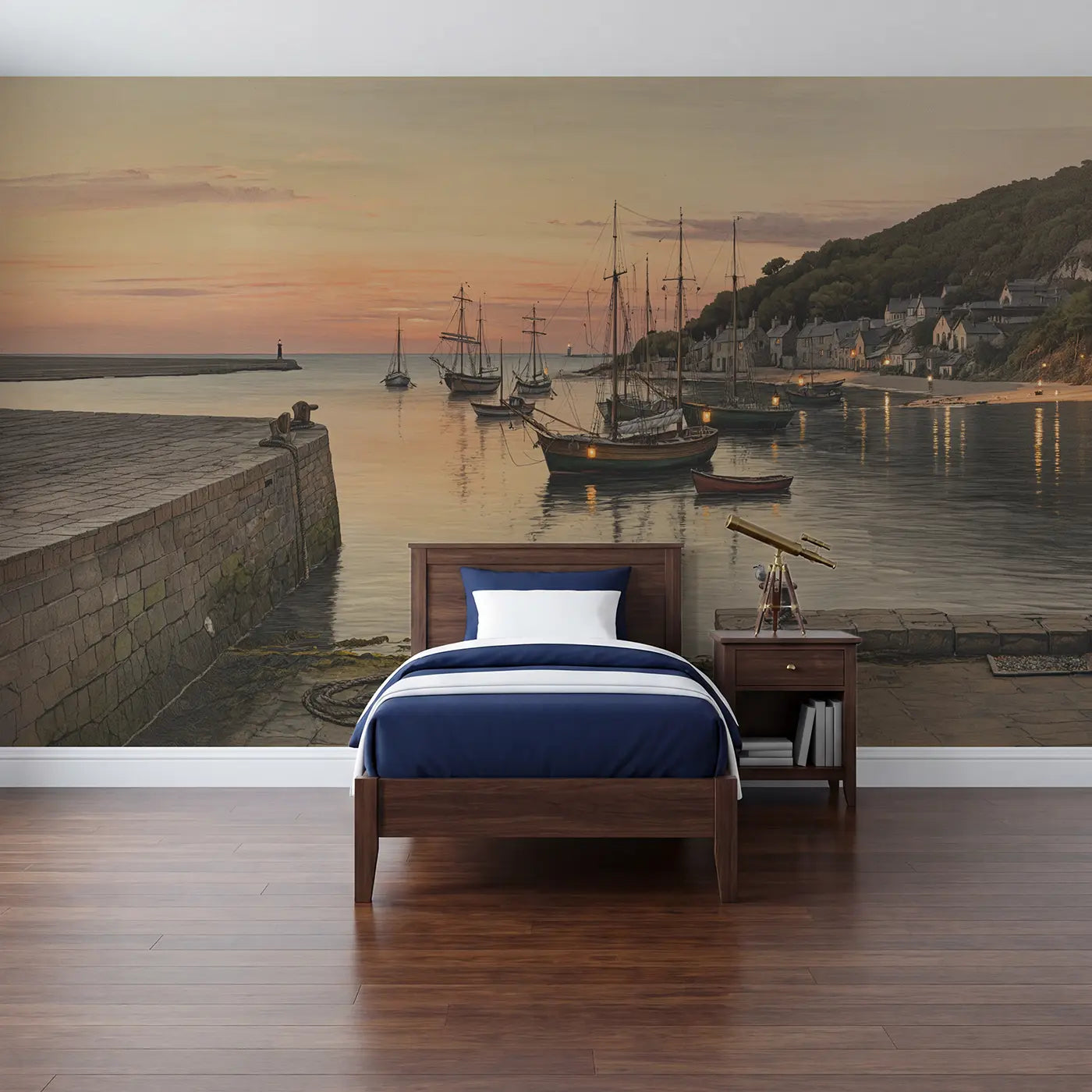 Storybook sailboats in evening bay calm anchorage wallpaper mural for kids room by Whimsy Tots