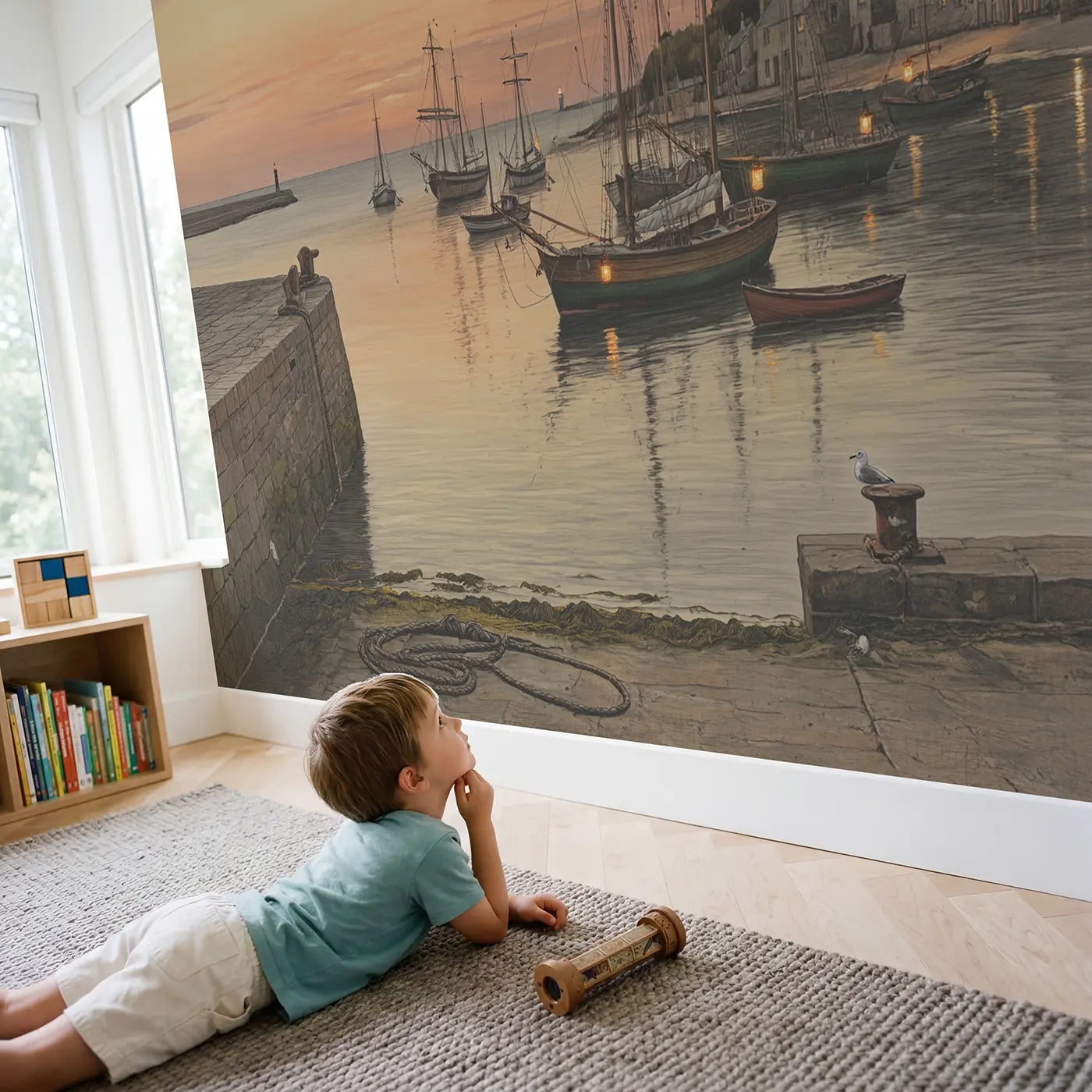 Child in nursery with Evening Anchorage Bay Wallpaper Mural by Whimsy Tots