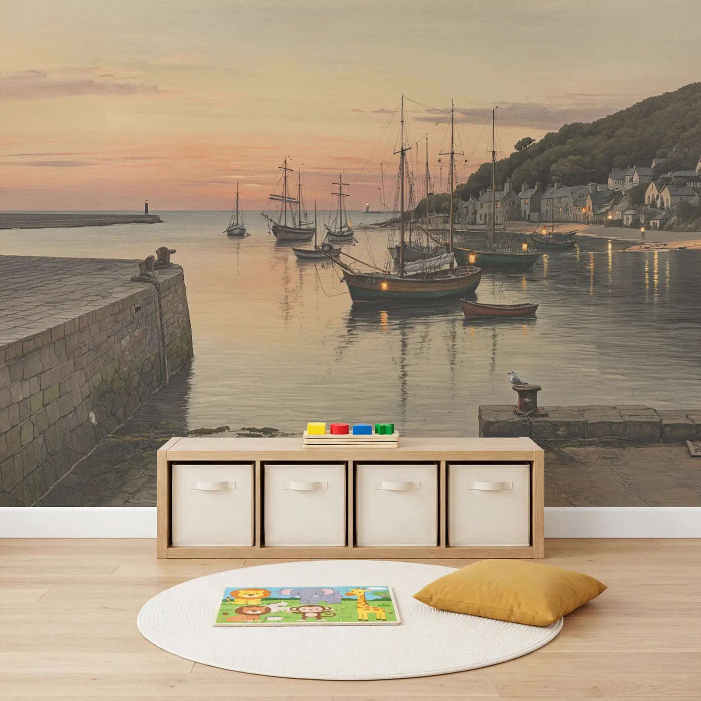 Evening Anchorage Bay Wallpaper Mural in playroom setting by Whimsy Tots