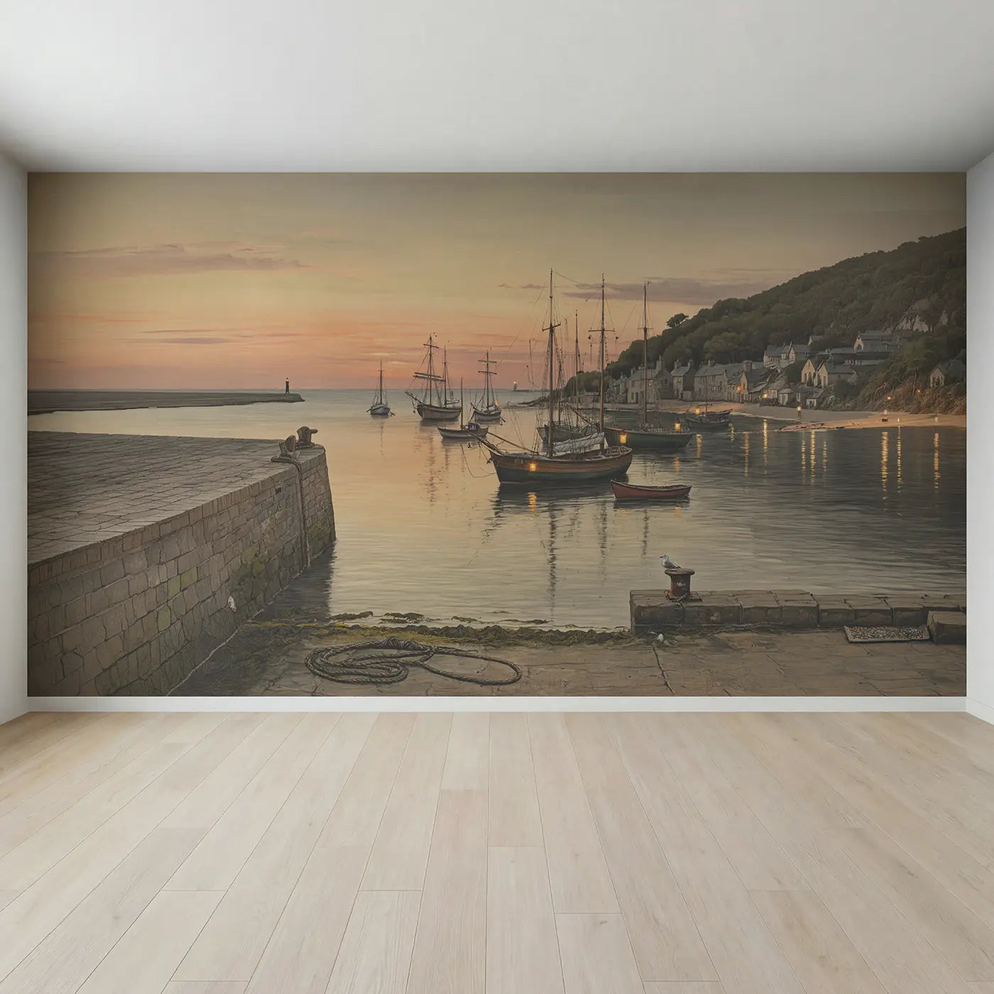 Full view of Evening Anchorage Bay Wallpaper Mural by Whimsy Tots