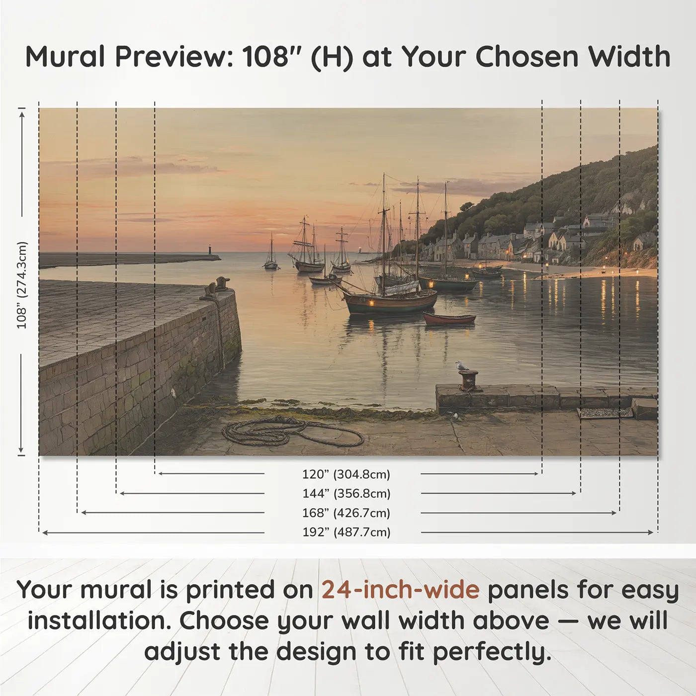 Panel layout and dimensions for Evening Anchorage Bay Wallpaper Mural by Whimsy Tots
