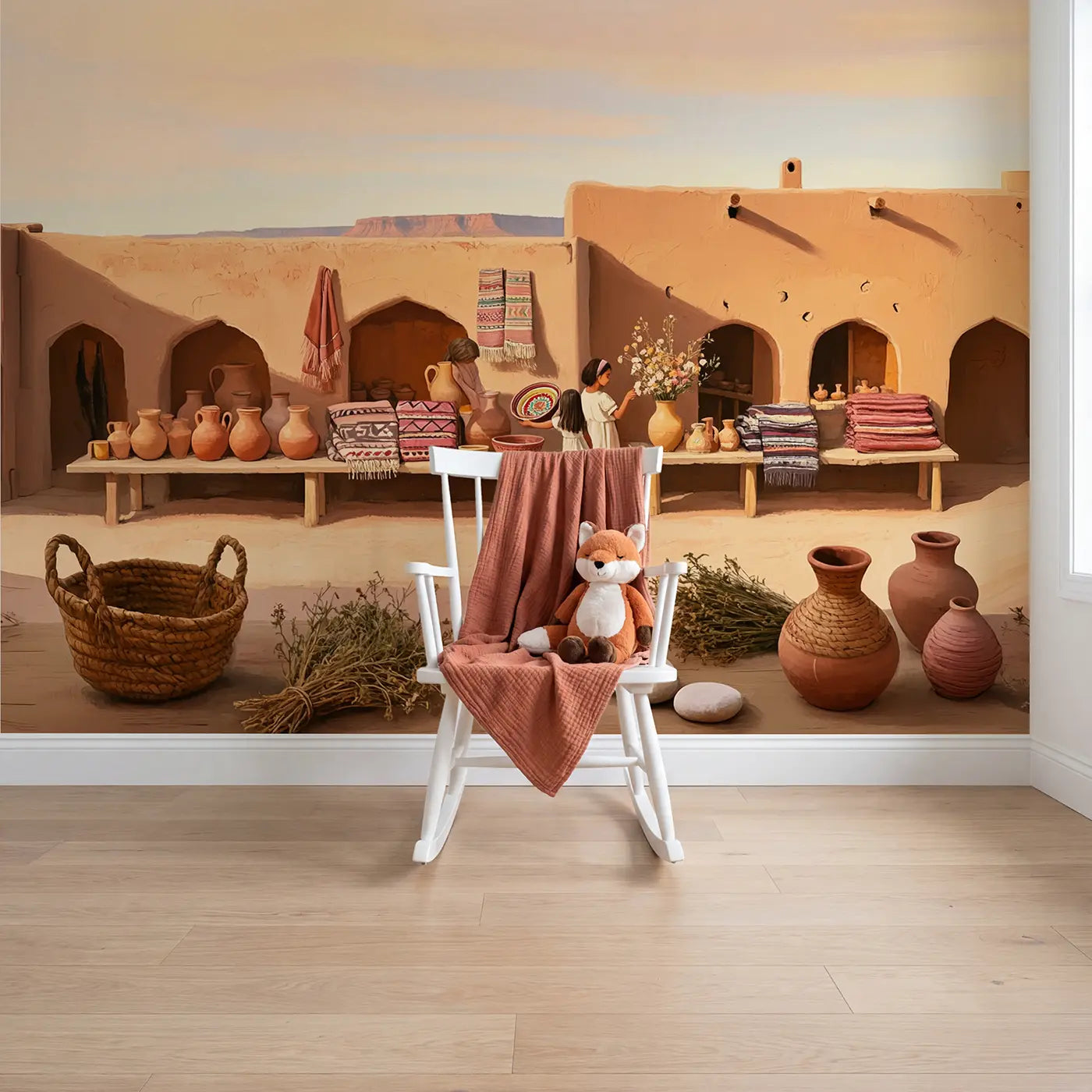 Soft Pastel desert market morning wallpaper mural for girls room by Whimsy Tots